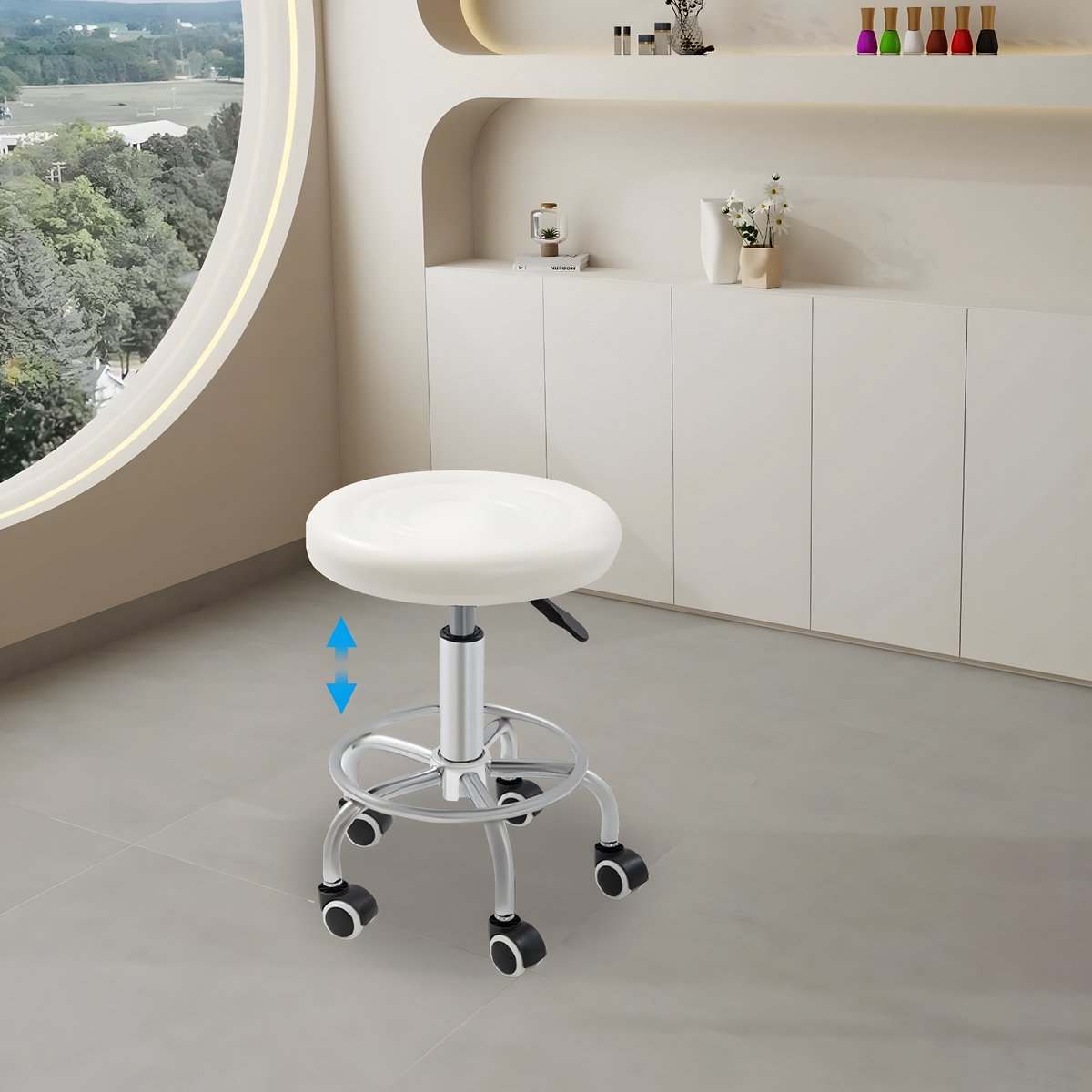 Draaikruk - Werkkruk - Kapperskruk - Tabouret - Voor Schoonheidssalons, Bars & Thuis - Met wieltjes - 150 kg Draagvermogen - Wit