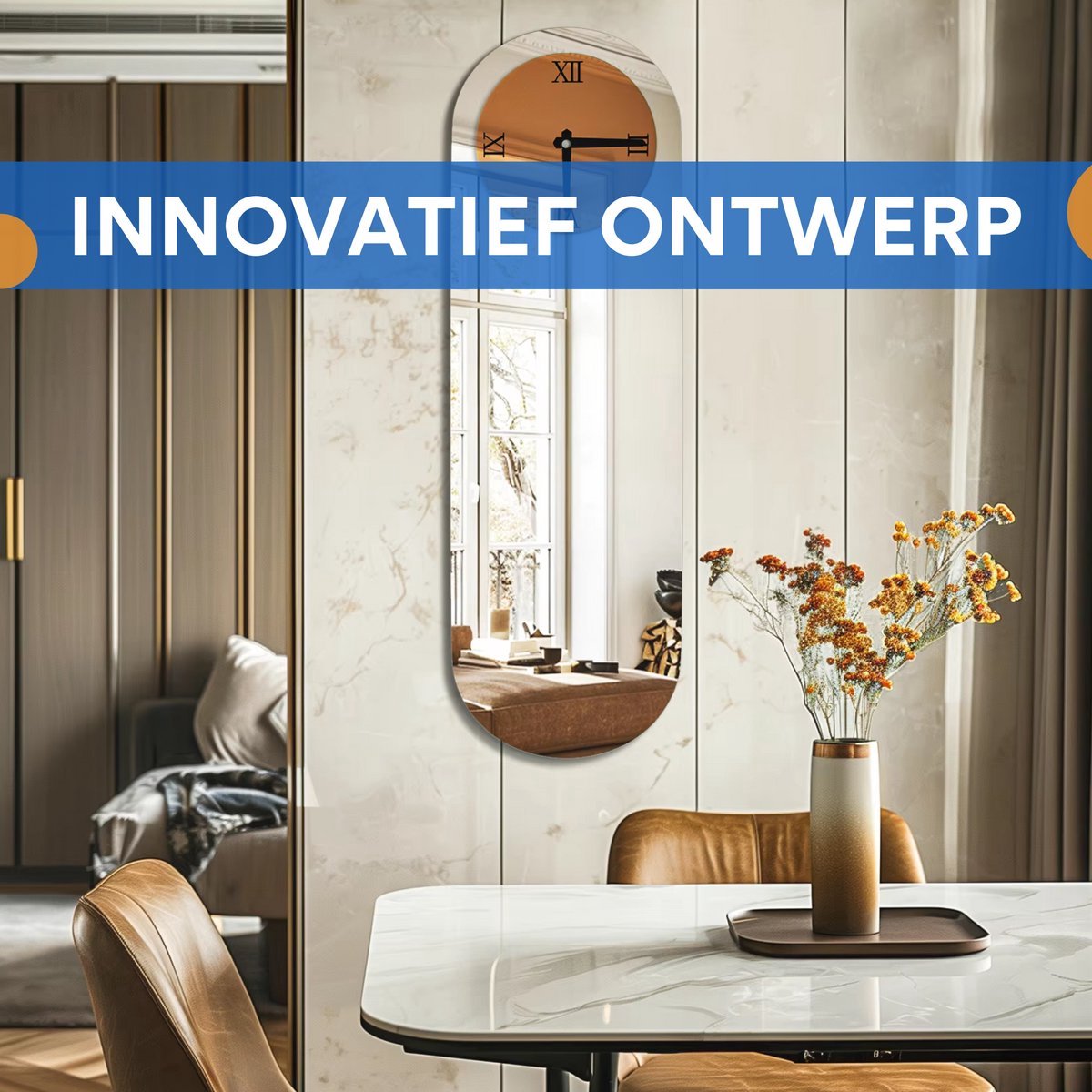 Tavien Langwerpige Wandklok - Bruin Getint met Zilveren Gespiegelde Romeinse Cijfers - Moderne Decoratieve Klok voor Woonkamer