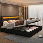 Bed - Tweepersoonsbedden - Tweepersoonsbed - Voor Slaapkamer - Functioneel Tweepersoonsbed met LED-verlichting, Lattenbodem & Opbergruimte - Zwart PU Lee - 160x200
