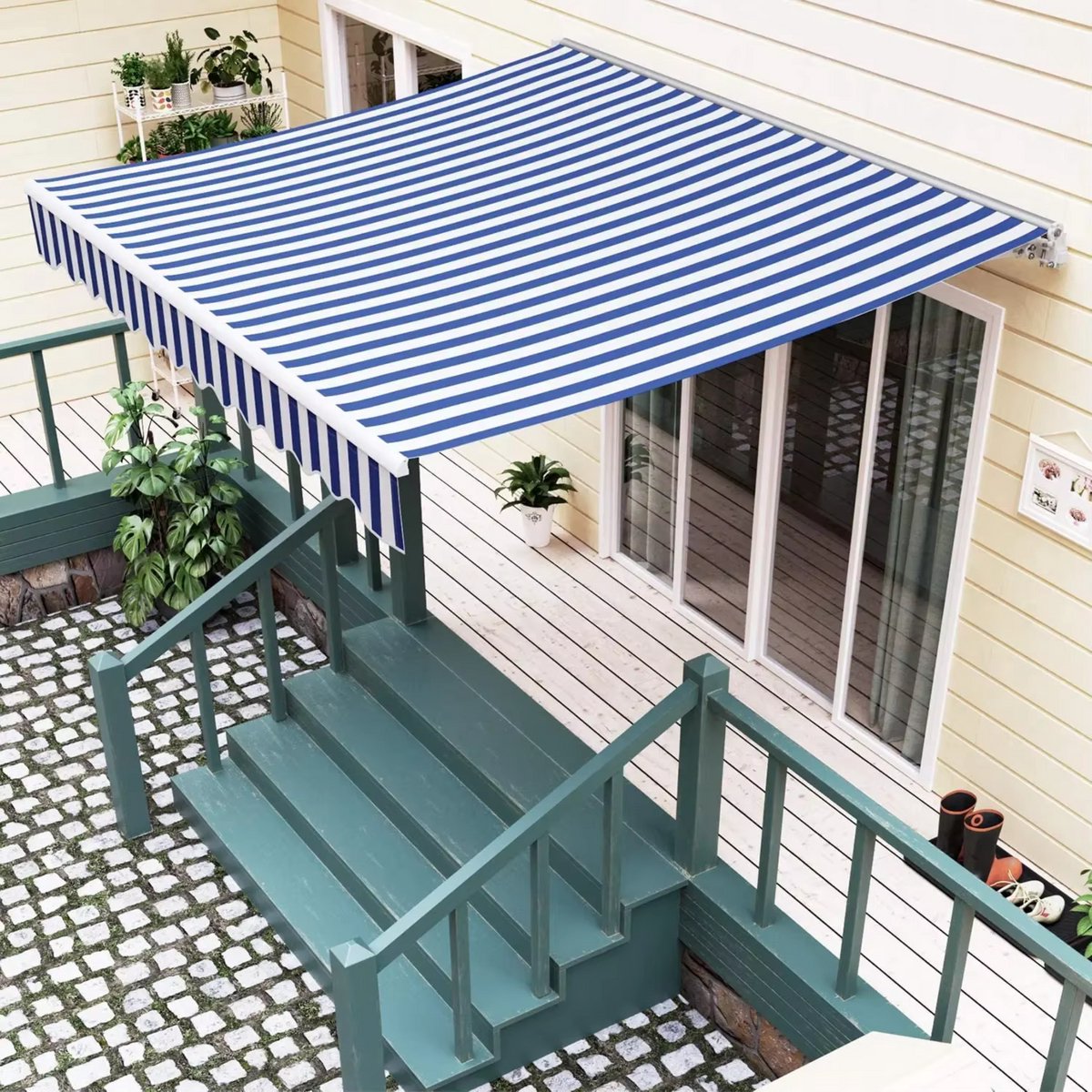 Terras zonnescherm handmatig - Met opbouw frame - Zonneluifel - Balkon of tuin - 300x250cm - UV50+ - Blauw - Met arm - Polyester doek