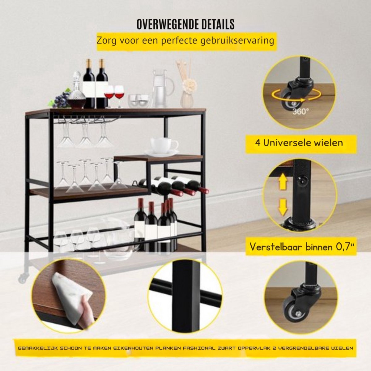 Bar trolley op wieltjes - Drankjes Trolley -Serveerwagen - 3 bladen plateaus - Theewagen hout - 100 kg Laadvermogen