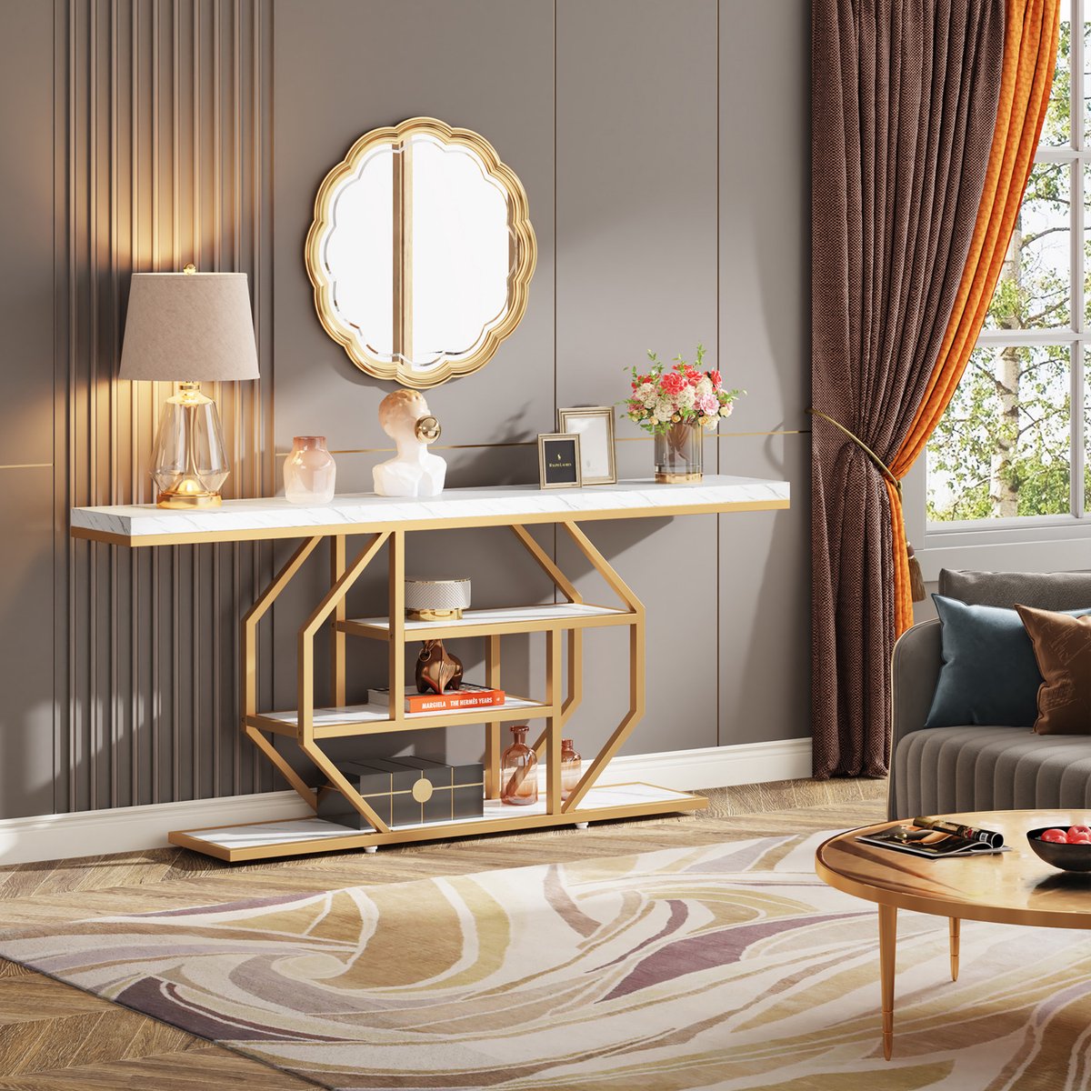 Moderne Haltafel Vexa - Goud - Wandtafel - Consoletafel - 30x180x90 cm - Voor Gang en Woonkamer