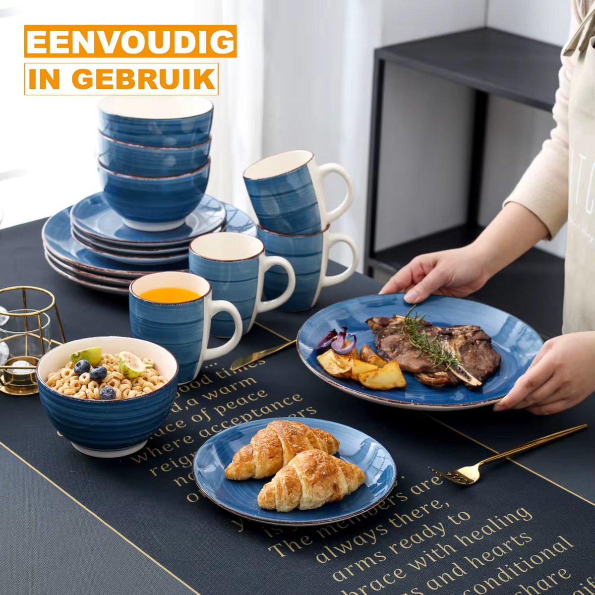 Ventina Serviesset - 8 delig - 8 persoons - Donkerblauw - Dinerborden - Bordenset - Diepe borden - Ontbijtborden - Servies - Keukenservies