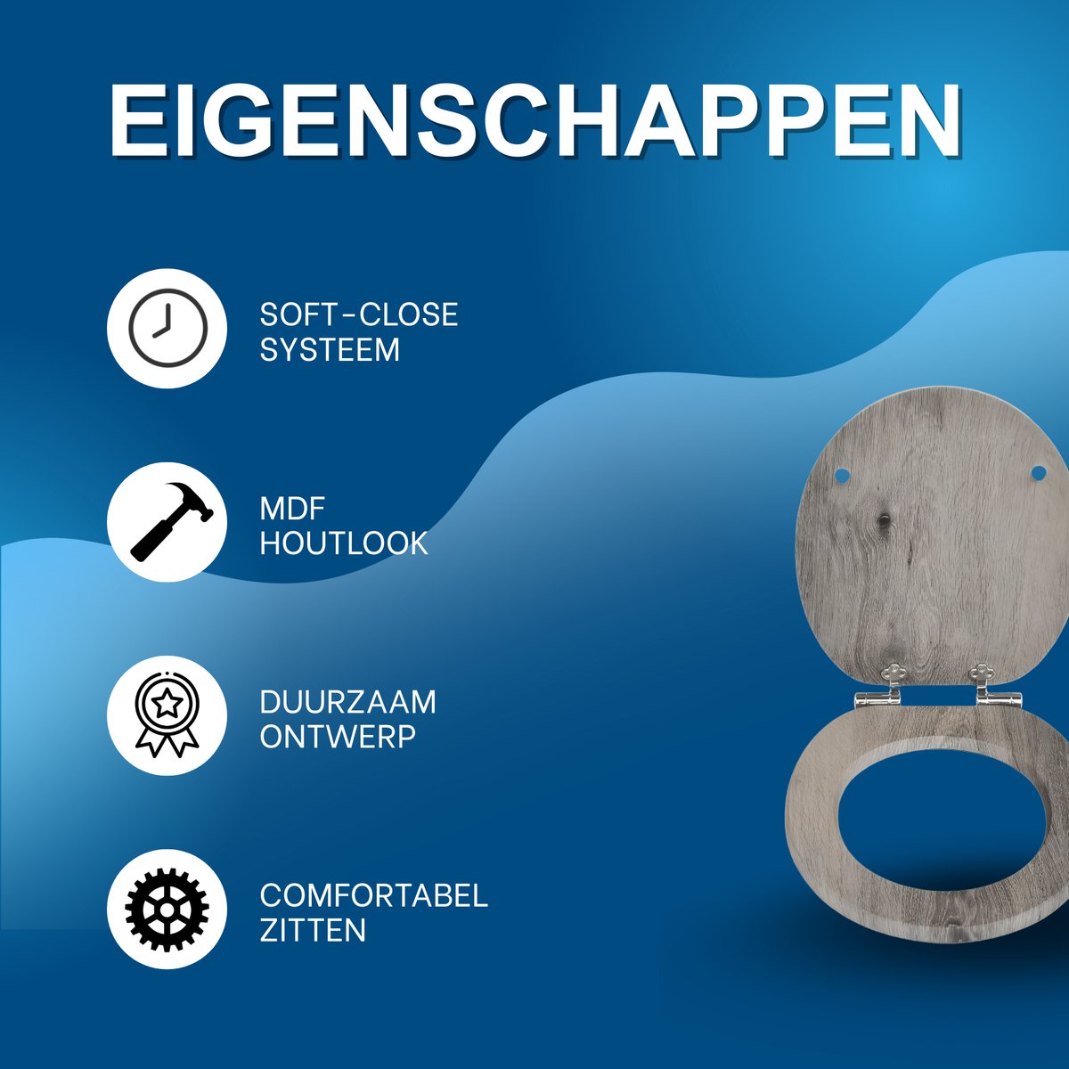 WC-bril - Toiletbril – Voor Toilet & Badkamer – Soft-Close – MDF - Grijs houtlook