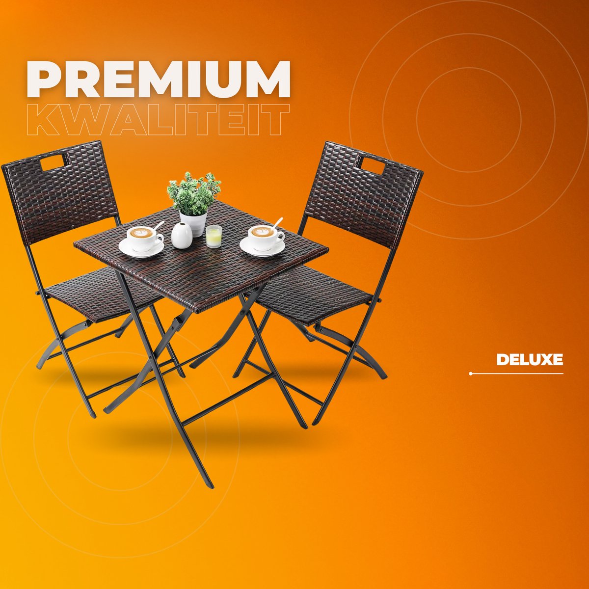Outdoor Klaptafel Set - 3-delig - Voor Camping en Picknick - Opvouwbare Rotan Meubelstoel en Tafel - Draagbare Balkonset met 2 Stoelen - Bruin