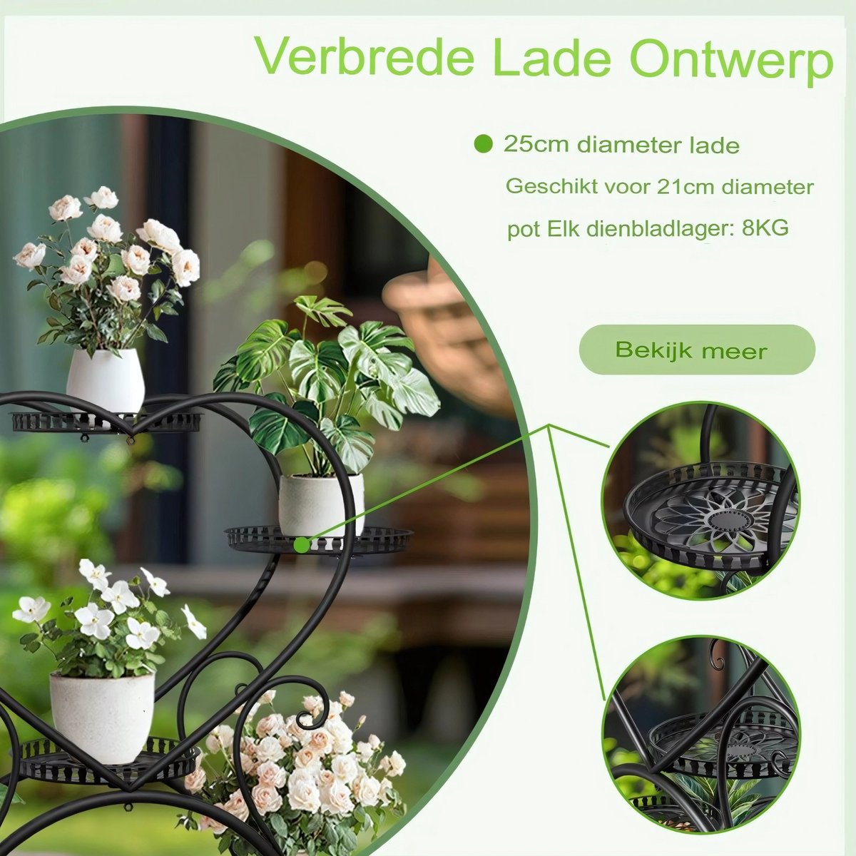 Metalen Plantenstandaard Lovi - Voor Binnen & Buiten - Met wieltjes - 6 bloempotten - Zwart