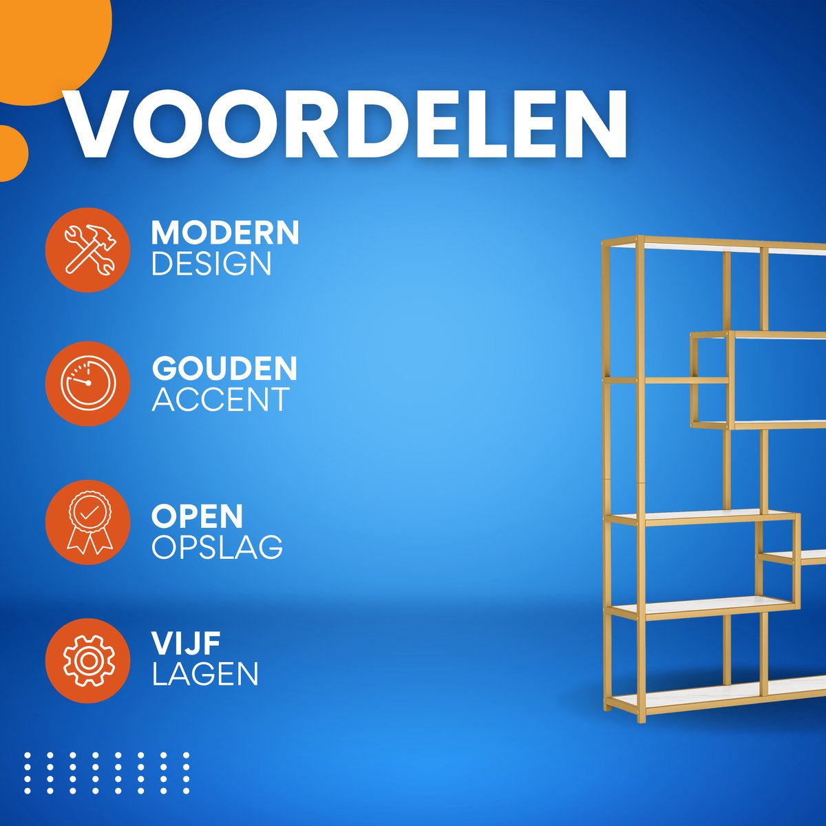 Boekenkast Nalito - Goud - Met 5 Lagen - Marmerlook - Voor Woonkamer, Slaapkamer of Kantoor