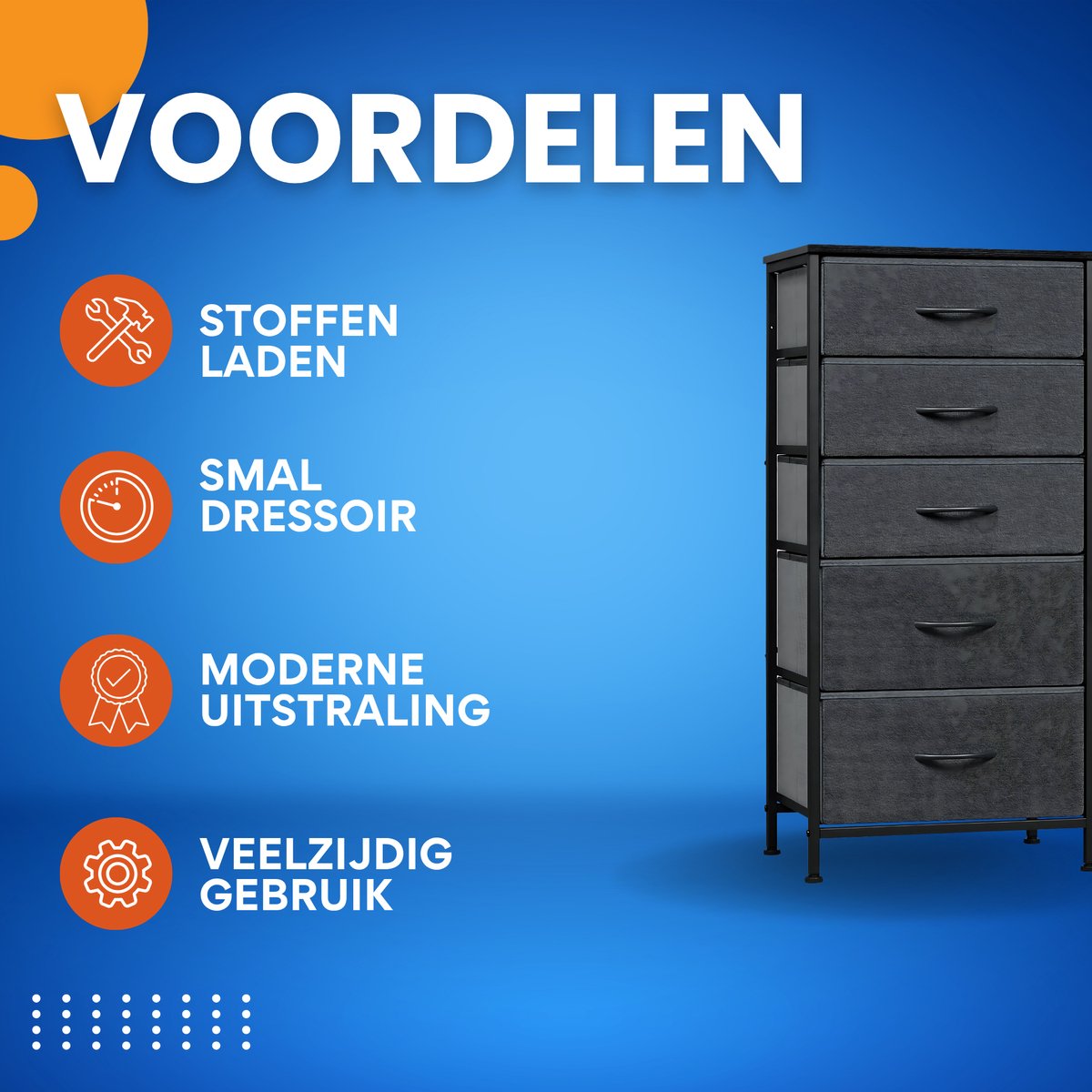 Ladekast met 5 Laden -Dressior - Kast - Voor Slaapkamer, Keuken, Kantoor of Woonkamer - Smal Dressoir met Stoffen Laden
