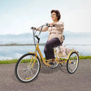 Driewieler Fioren voor volwassenen - 6 versnellingen - Fiets voor senioren - 24 Inch - Met mand - Voorrem - Geel
