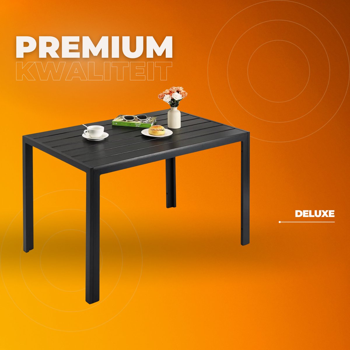 Tuintafel - Buitentafel - Eettafel buiten - Outdoor - Voor Tuin & Terras - Rechthoekige Aluminium Tafel met Metalen Lattenbodem -110x70x73 cm - Zwart