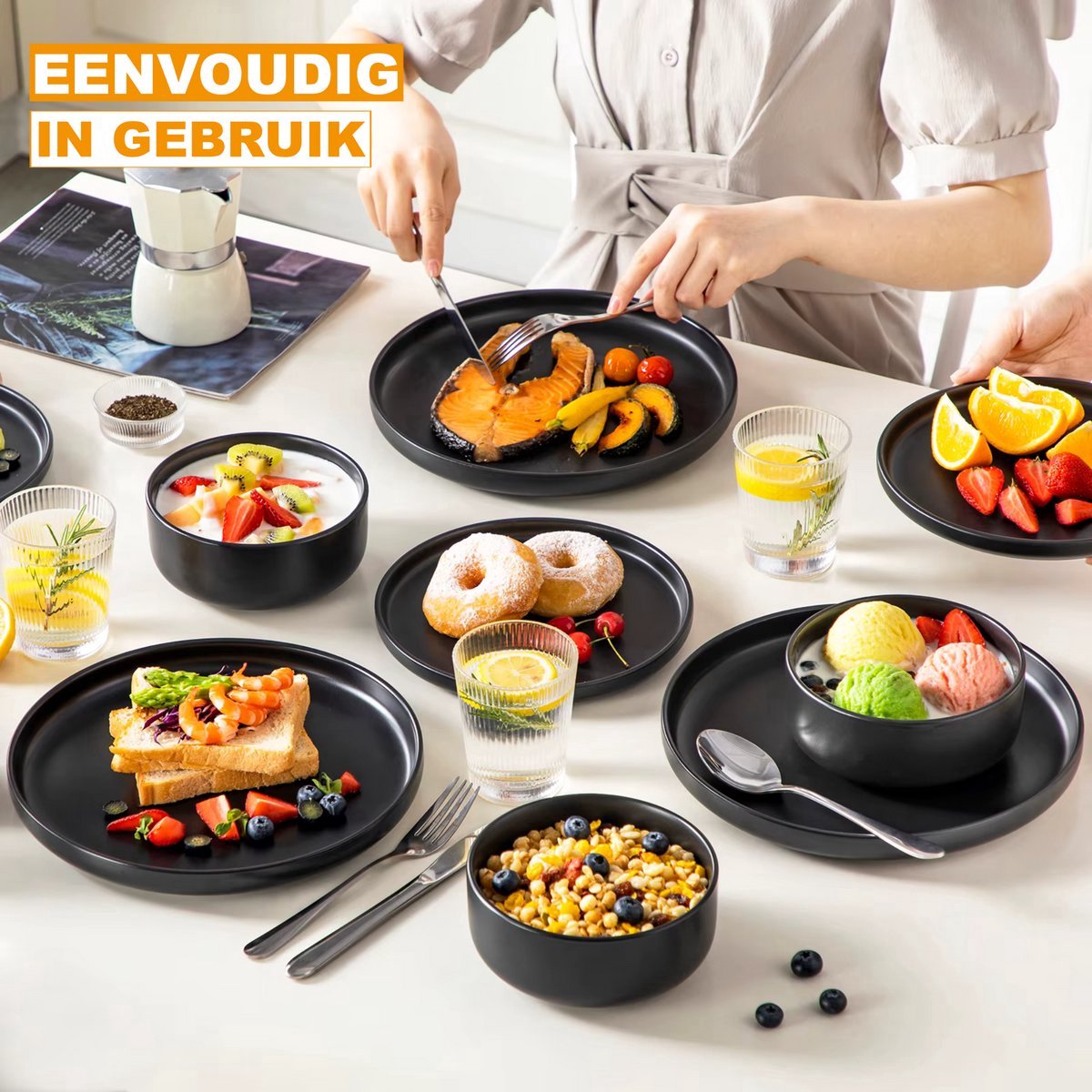 Grandeur Bordenset – Dinerborden – 12 persoons – 36 delig – Zwart Keramisch – Kleine Borden – Elegant tafelservies