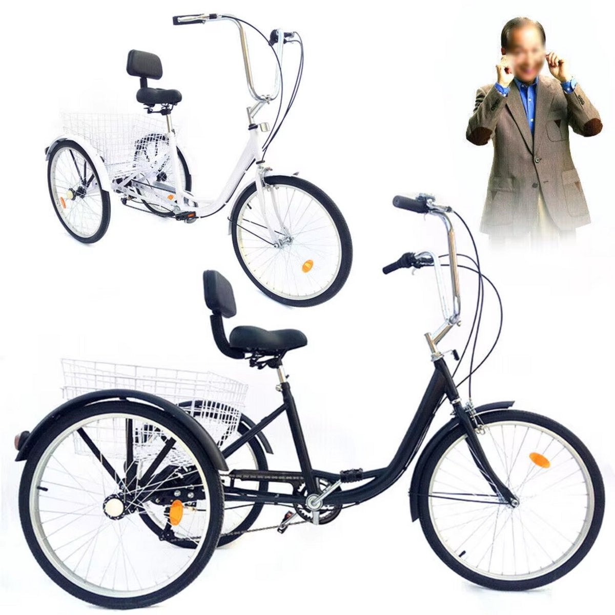 Driewieler voor volwassenen - 6 versnellingen - Fiets voor senioren - 24 Inch - Met mand - Voorrem - Wit