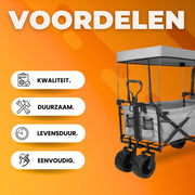 Opvouwbare bolderkar XL - 262L - Opvouwbaar tuinwagen - Met duwstang - Voor buitengebruik - Met verwijderbare luifel en 115 kg capaciteit - All terrain - Grijs
