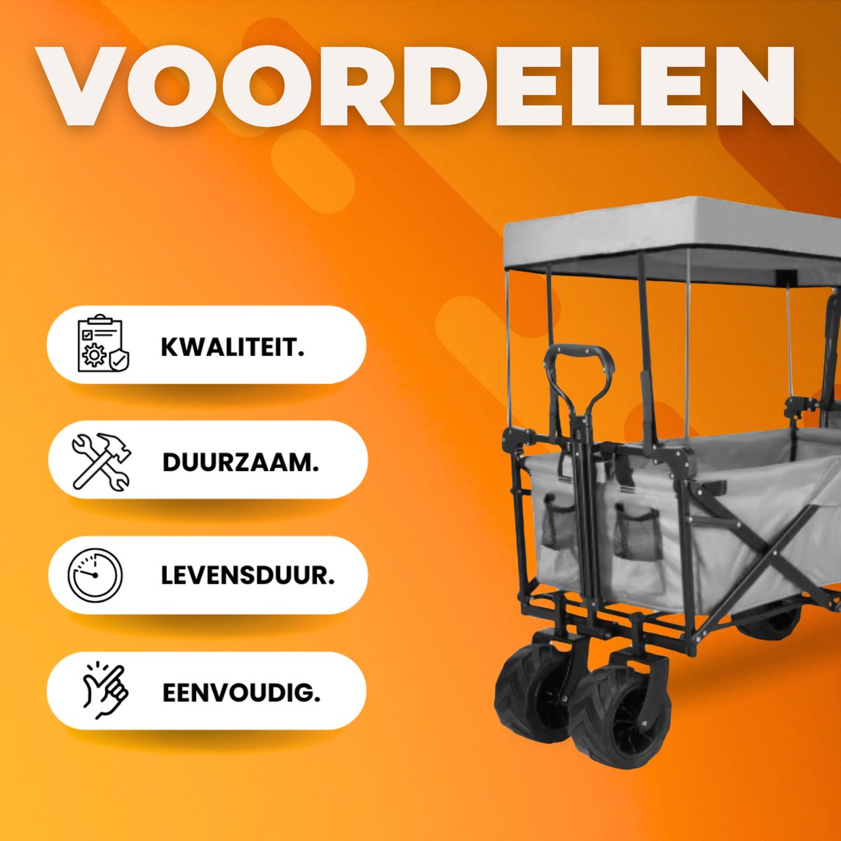 Opvouwbare bolderkar XL - 262L - Opvouwbaar tuinwagen - Met duwstang - Voor buitengebruik - Met verwijderbare luifel en 115 kg capaciteit - All terrain - Grijs