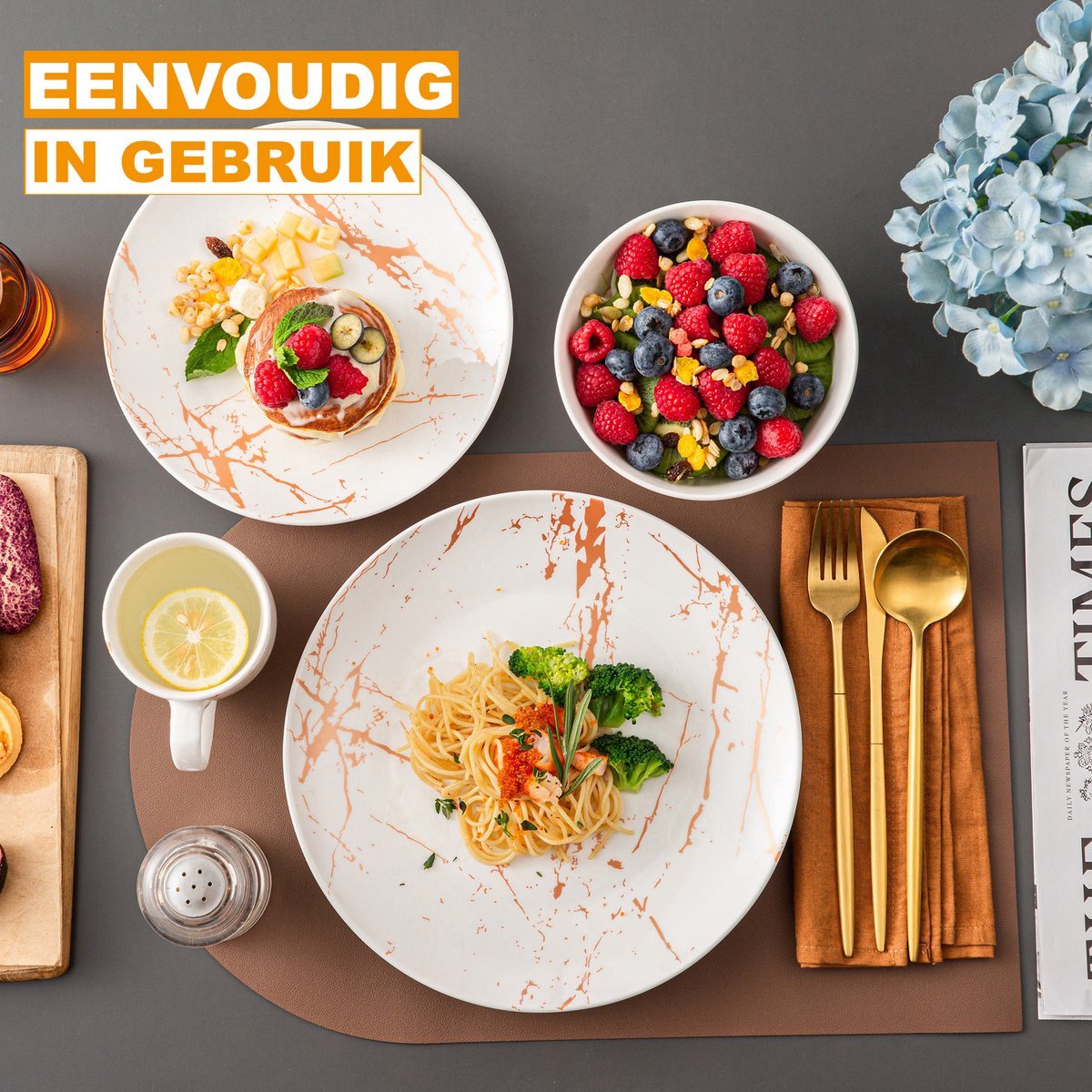 Majestic Santivo Serviesset - 16 delig - 4 persoons - Wit met Gouden strepen - Dinerborden - Bordenset - Diepe borden - Ontbijtborden - Servies - Keukenservies - Luxe design - Tafelstijl