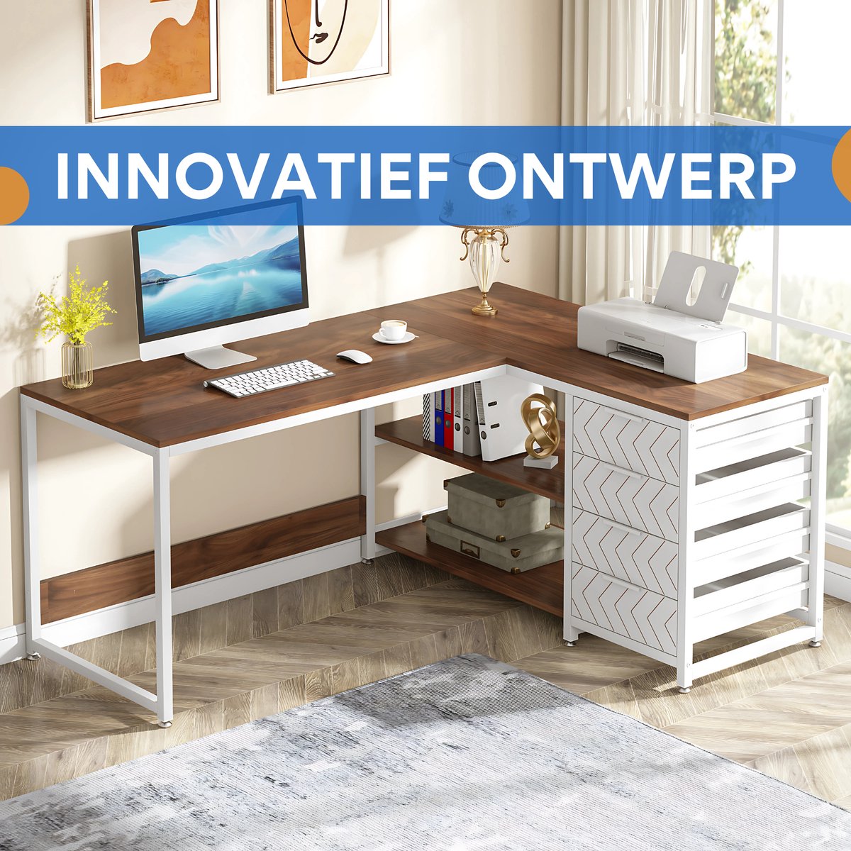 Hoekbureau Dublin - Computerbureau - 150cm - Wit - Voor thuis of werk - Hout en metaal