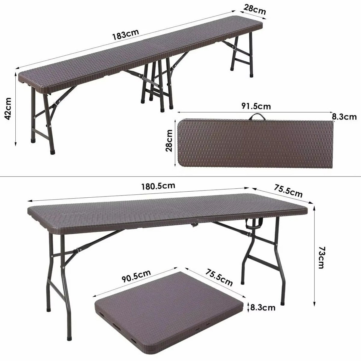 Klaptafel Tavien - Kampeertafel - Vouwtafel - 2 Banken set - Opvouwbare Tuinmeubelset voor Buiten, Kamperen & Picknick - Picknicktafel met Bankjes - 180 cm - Bruin