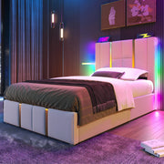 Bed - Eenpersoonsbedden - Voor Slaapkamer of Jeugdkamer - Met USB-C Oplaadfunctie, LED-verlichting & App-bediening - Opbergruimte, Lattenbodem & Beige Linnen - 90x200 cm