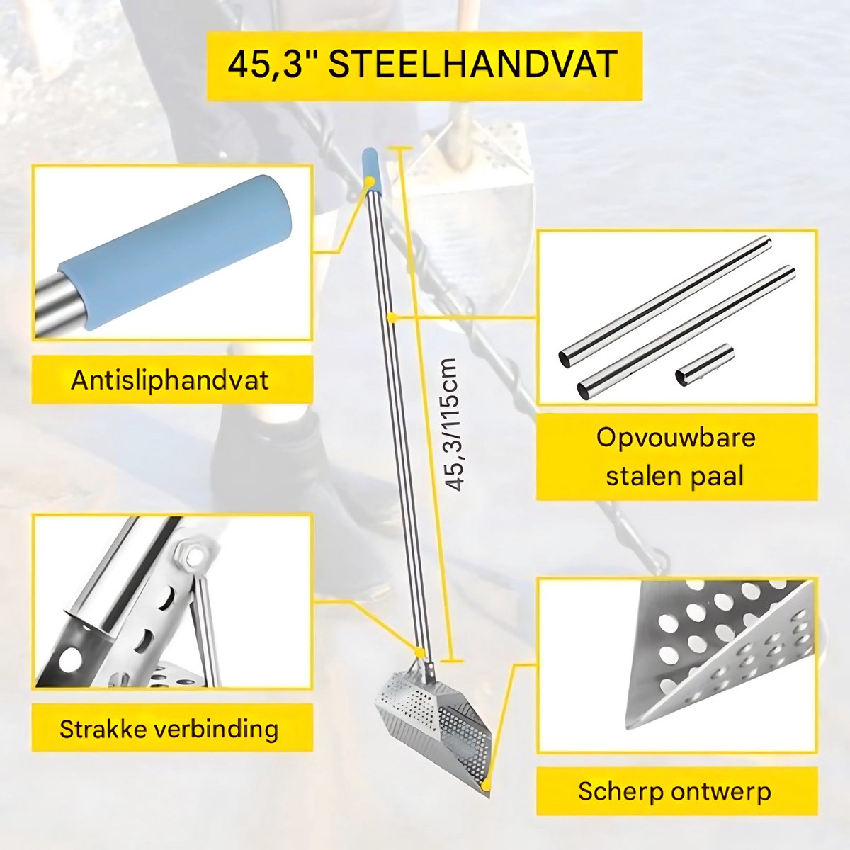 Zandschep voor metaaldetectors - RVS - Strandschep - Detector - Jachtschep - Koolstofvezel Handvat - Voor volwassenen - 15x25cm