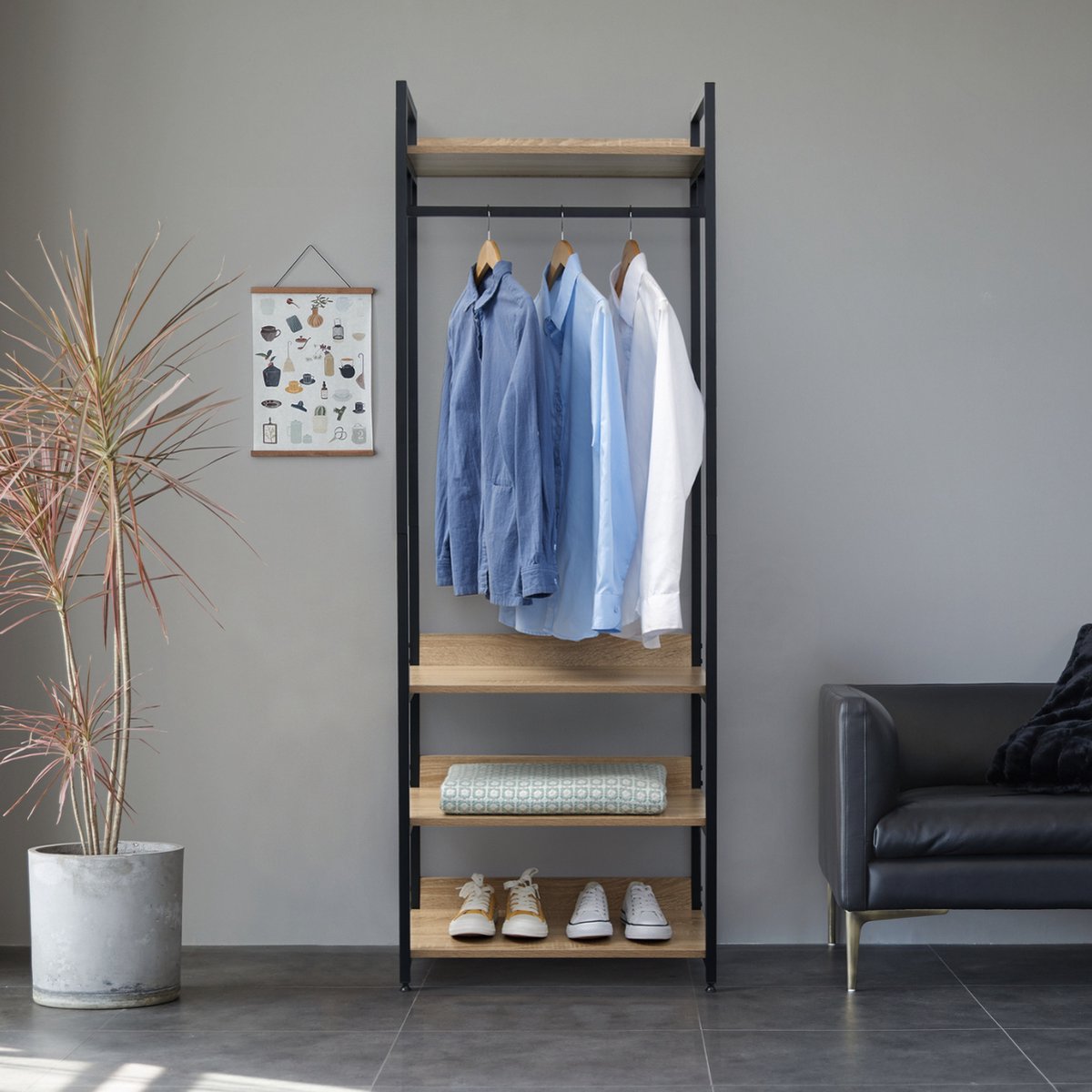 Happyment Staande Kapstok Hubert - Met schoenenrek - Vintage - XL Garderoberek - Kapstokhaak - Hout & metaal - 3 planken