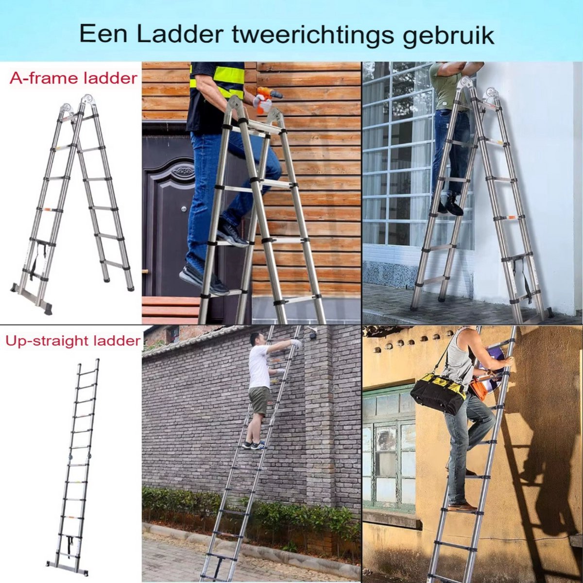 Telescopische Vouwladder Trivano - 5M - A-Frame & Rechte Ladder - Roestvrijstaal - 2-in-1 Verlengladder - 150kg Draagvermogen