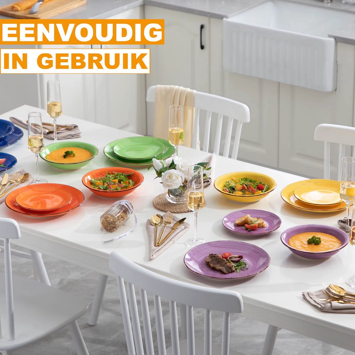 Glamorous Serviesset - 6 persoons - 18 delig - Kleurrijk Keramisch - Eetborden - Breakfast Plates