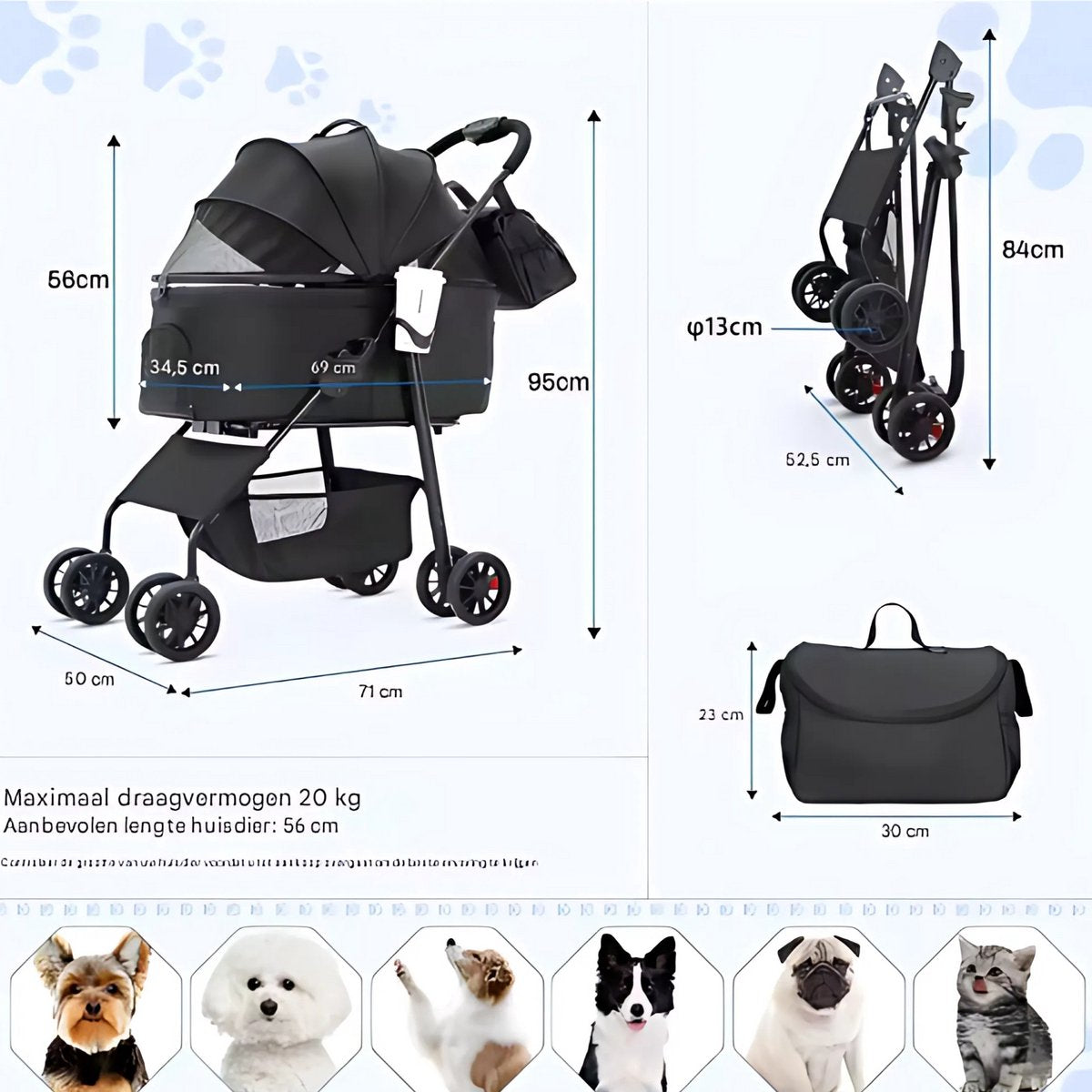 Hondenbuggy inklapbaar - All terrian - 30kg capaciteit - Ook voor katten - Comfort voor dieren - Grijs