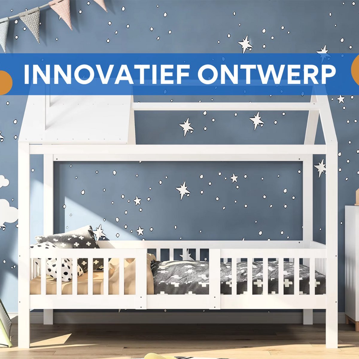 Kinderbed Fioren 90 x 200 cm - Voor Kinderen - Peuterbed - Met valbeveiliging - Met lattenbodem - Zonder matras