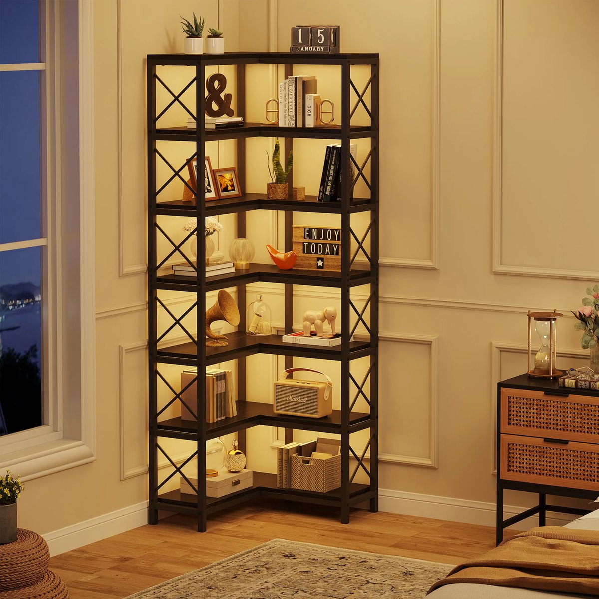 Boekenkast met 7 Lagen - Hoekkast - Zwart - Hoekrek - Voor Woonkamer, Slaapkamer of Kantoor