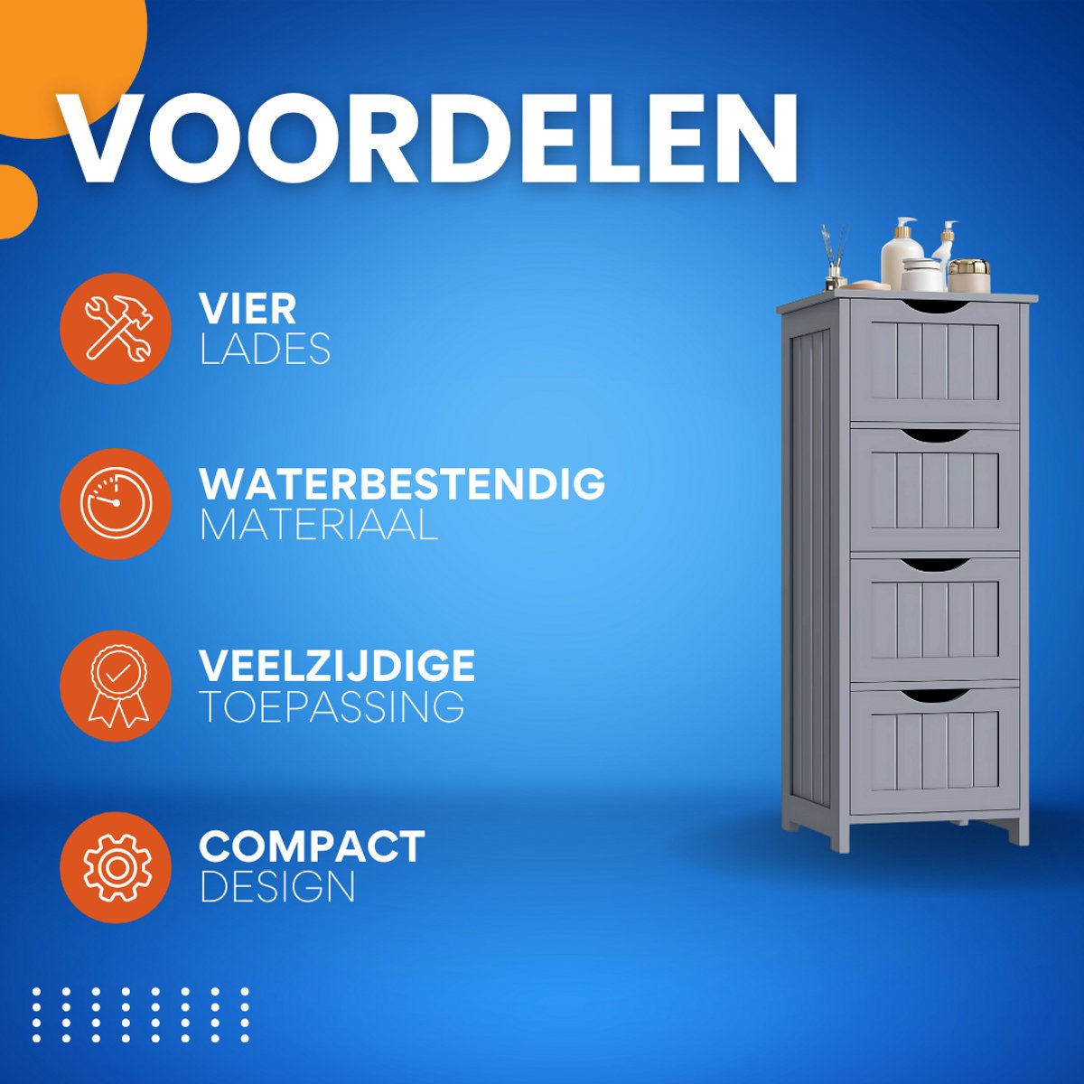 Badkamerkast Smal met 4 Laden - Vrijstaande Houten Kast 30x82x30 cm - Geschikt voor Badkamer & Woonkamer