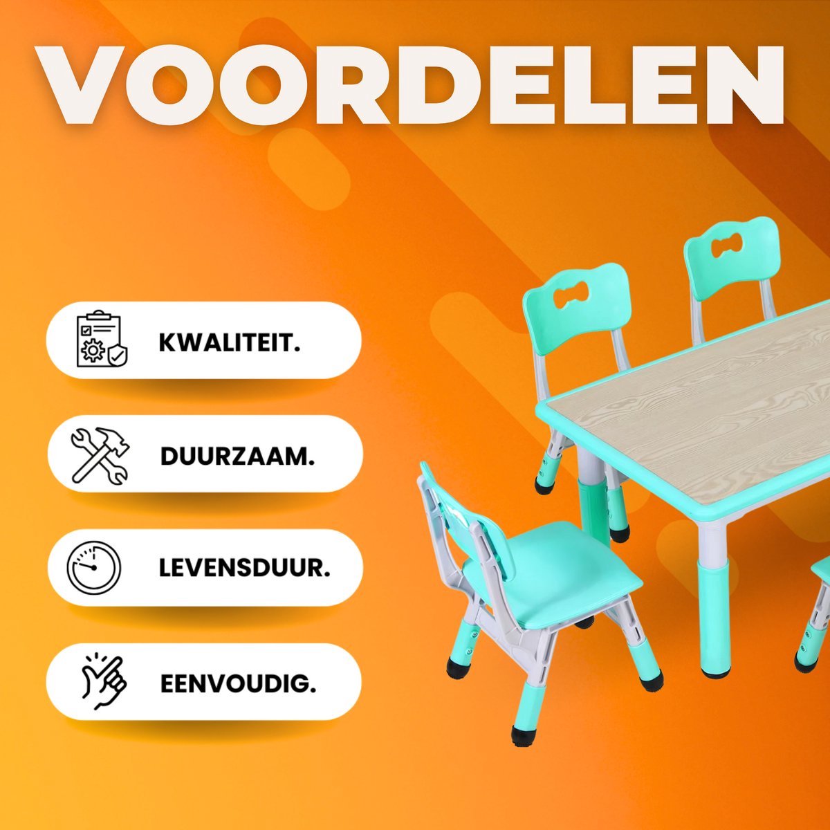 Kindertafel Zyrell en 4 Stoelenset - Voor Peuters en Jonge Kinderen - Verstelbare Tafelset voor Spelen, Studeren & Tekenen - Duurzaam Kunststof in Neutrale Kleuren - Groen - 120x60cm