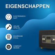 Kluis deluxe - 22L - Brandwerend en waterdicht - Kluisjes met cijferslot - Zwart/goud - 2 sleutels - Digitaal toetsenbord
