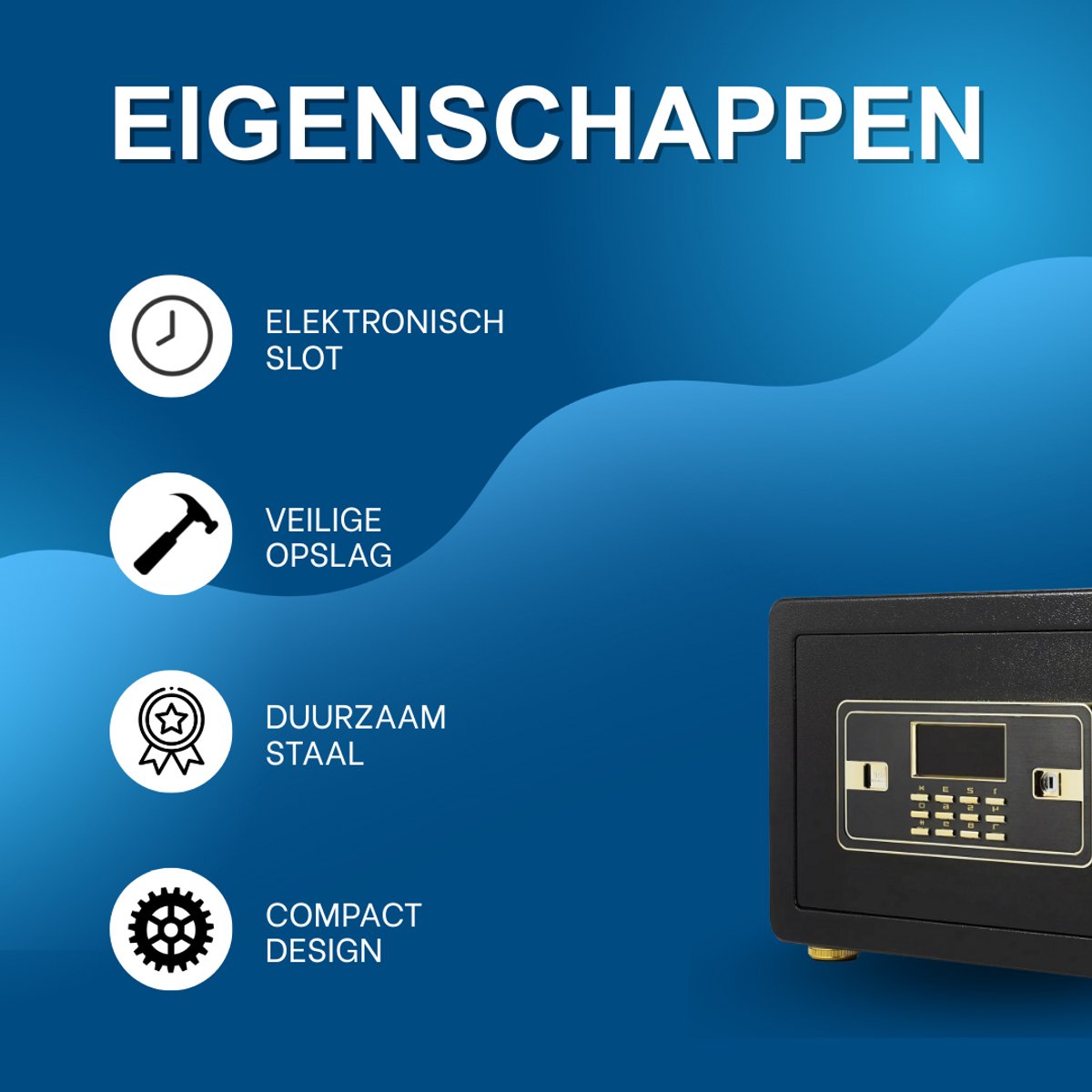 Kluis deluxe - 22L - Brandwerend en waterdicht - Kluisjes met cijferslot - Zwart/goud - 2 sleutels - Digitaal toetsenbord