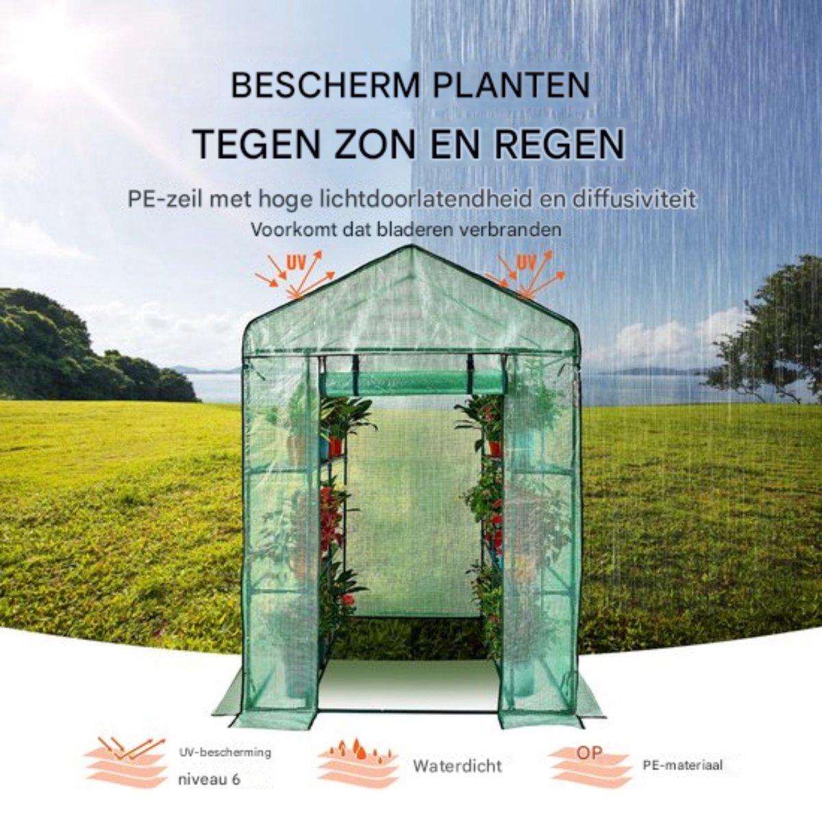 Groene Professionele Kas - Moestuin - Waterdicht - Met Schappen en Ramen - 215 cm Hoog