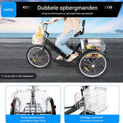 Driewieler London - 7 versnellingen - Fiets voor volwassenen en senioren - 24 Inch - Opvouwbare - Verstelbaar - Met mand - Voorrem - Zwart - 120KG