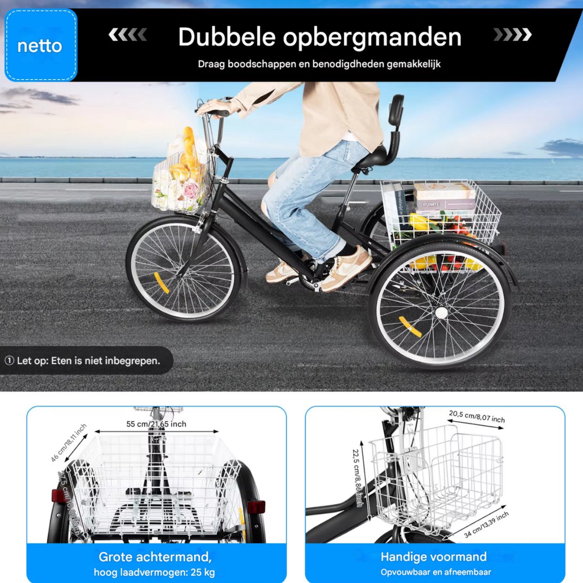 Driewieler London - 7 versnellingen - Fiets voor volwassenen en senioren - 24 Inch - Opvouwbare - Verstelbaar - Met mand - Voorrem - Zwart - 120KG