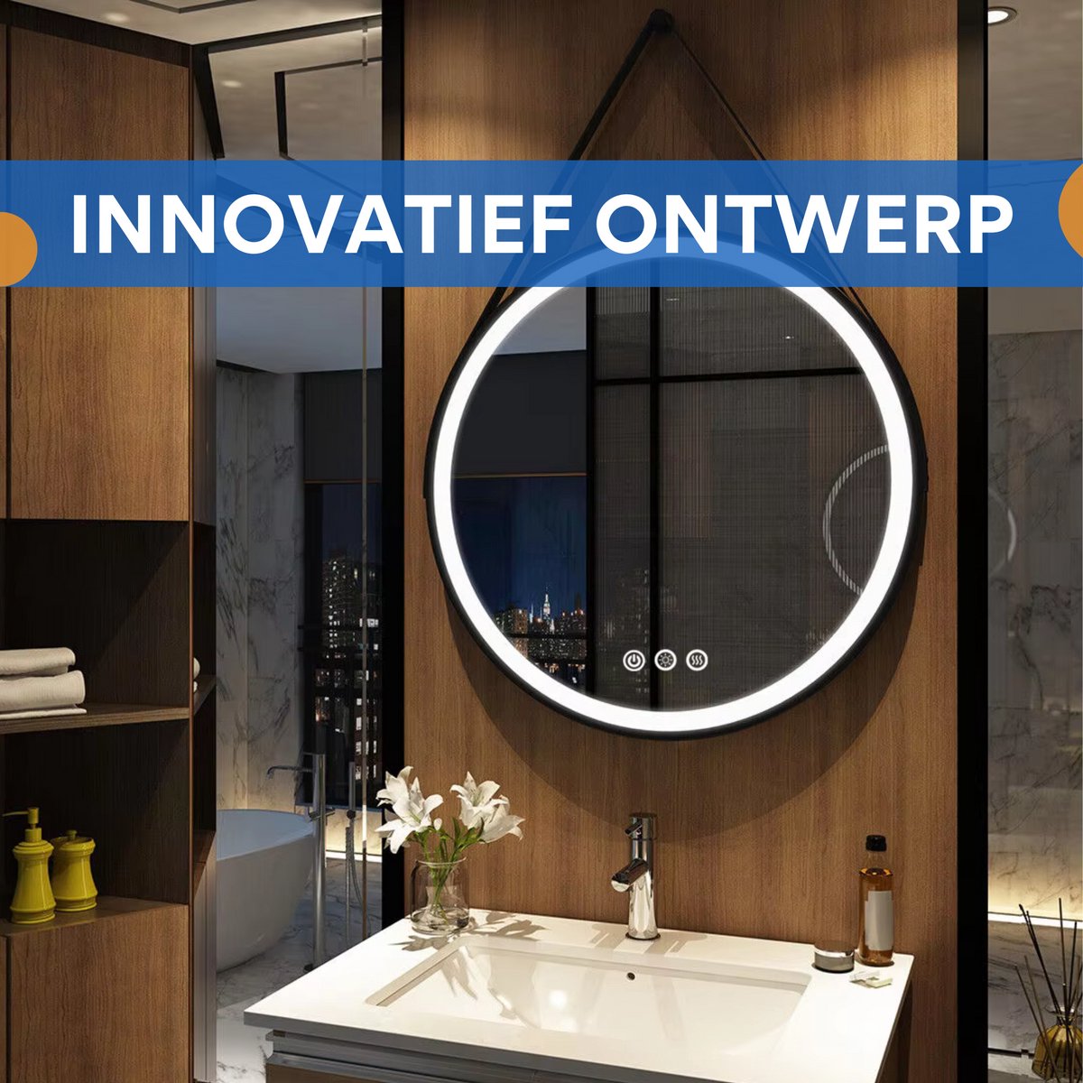 Ronde spiegel met verlichting - 80cm - Voor Badkamer, Make-up & Wandmontage - Dimbaar licht met voorruitverluchting - Zwart