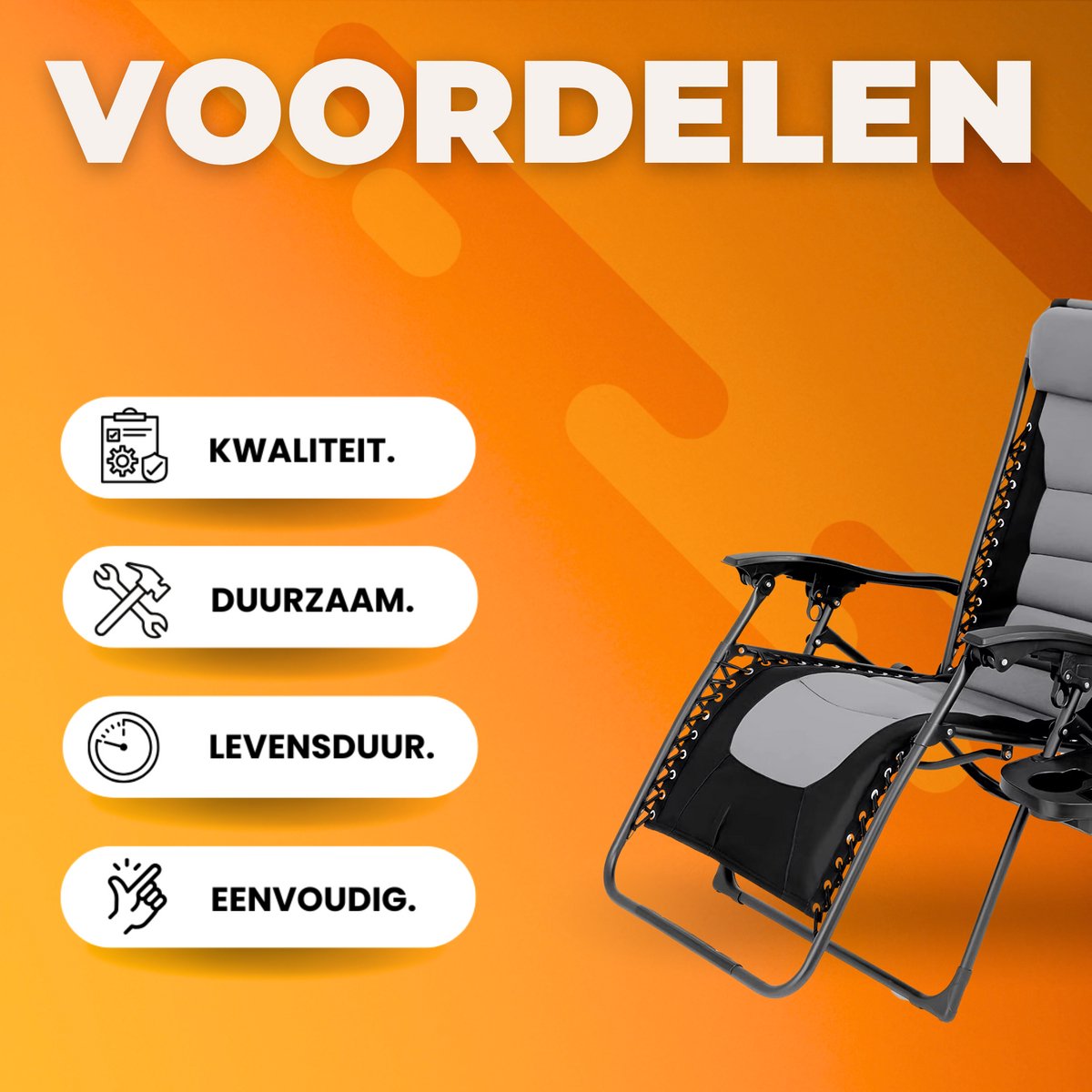 Gewatteerde Zero Gravity Lounge Chair - Tuinstoel - Ligbed - Voor Terras & Tuin - Opvouwbare Fauteuil met Verstelbare Hoofdsteun, Bekerhouder en Ondersteuning tot 160 kg - 1 stuk - Zwart