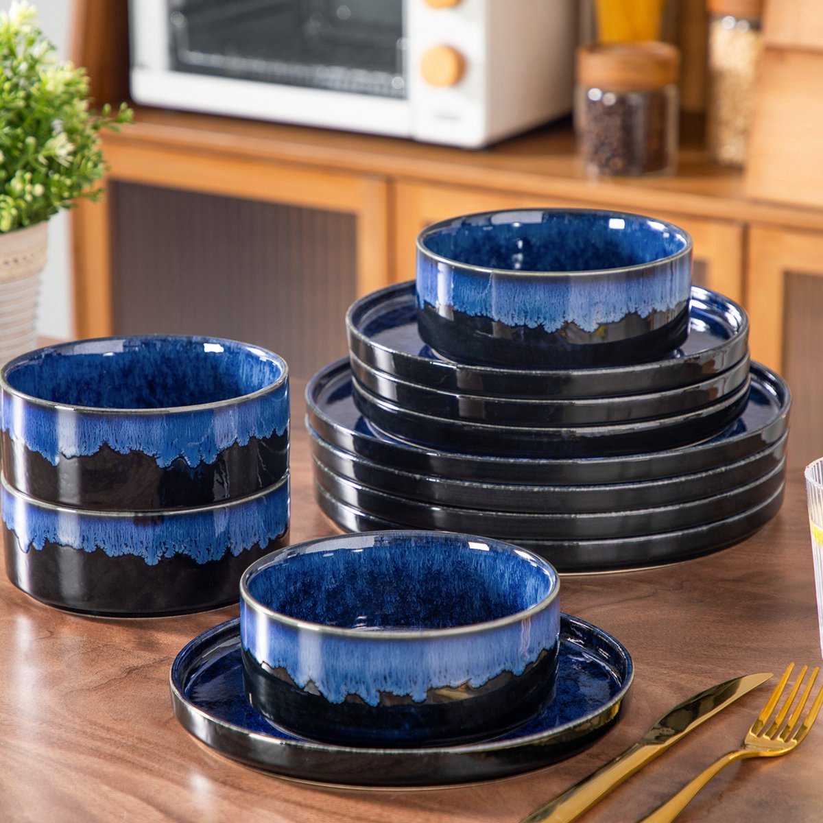 Grandioso Montario Serviesset - 36 delig - 12 persoons - Marine blauw - Dinerborden - Bordenset - Diepe borden - Ontbijtborden - Servies - Keukenservies - Luxe design - Tafelstijl