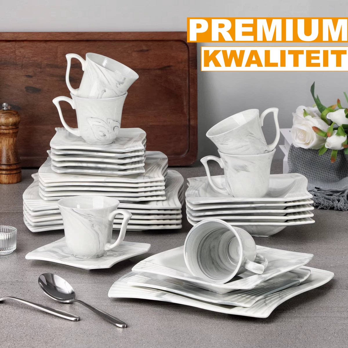 Ornate Bordenset – 6 persoons – 30 delig – Marmerlook Keramisch – Dinerborden – Ontbijtborden