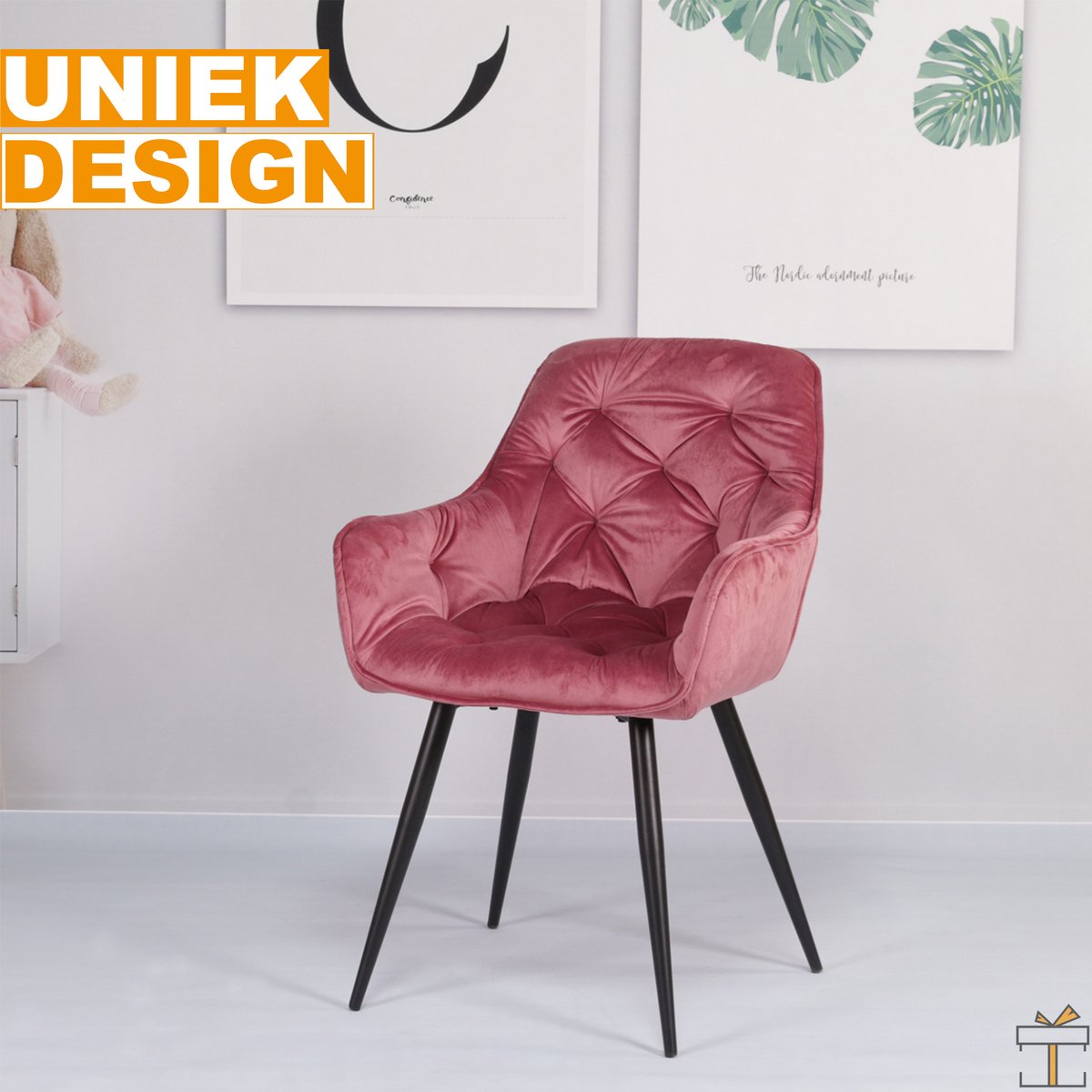 Happyment Eetkamerstoelen Fluweel - Roze - Woonkamerstoelen - Fauteuil velvet - Keukenstoelen - Kuipstoel - Set van 2
