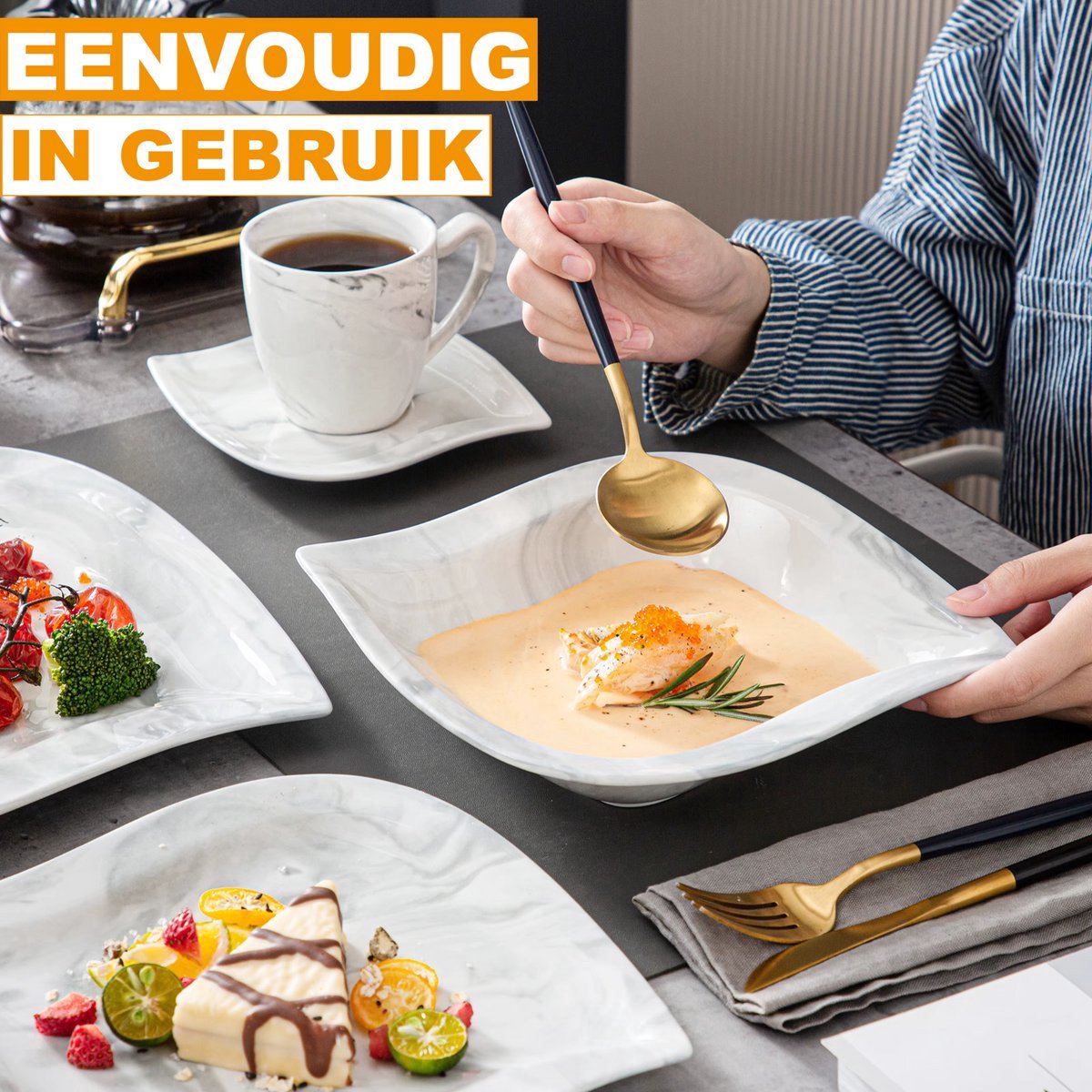 Aristocratic Serviesset – 6 persoons – 30 delig – Marmer look Keramisch – Eetborden – Breakfast Plates – Uniek servies