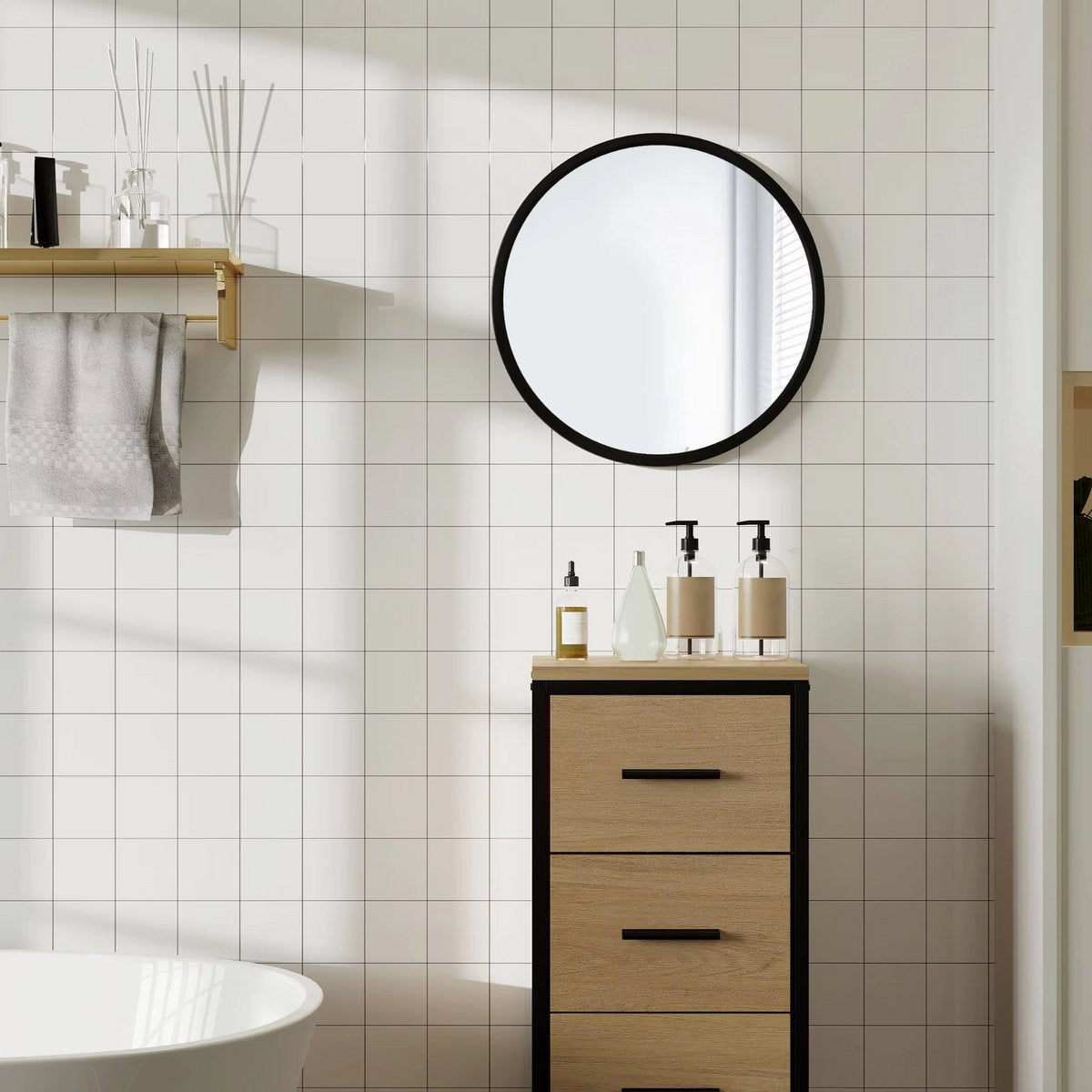 Ronde Wandspiegel - Voor Badkamer, Slaapkamer, Woonkamer en Hal - Stijlvol Zwart Metalen Frame - Moderne Ophangspiegel - 70x70cm