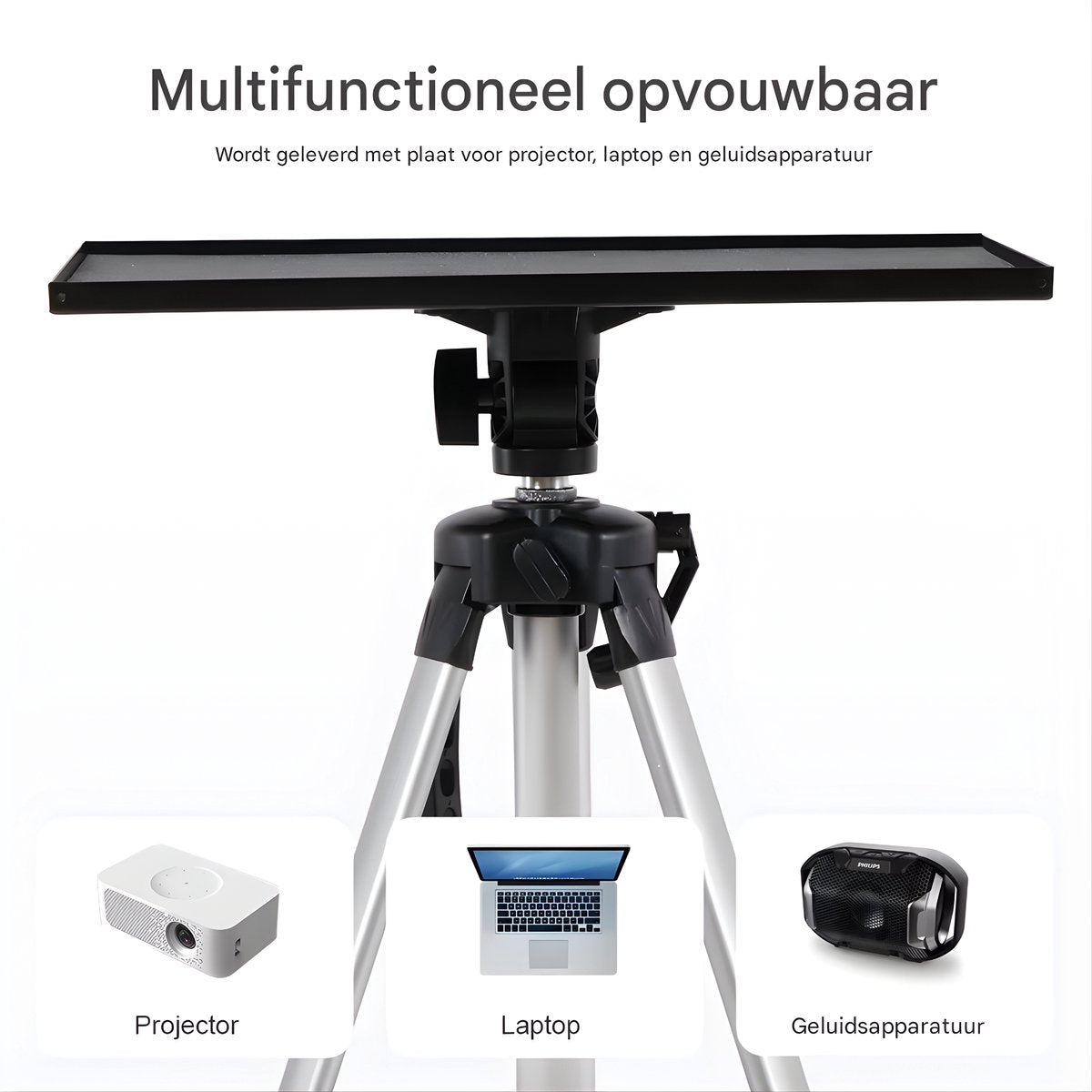Projectorstatief – Opvouwbare Laptop- en Projectorstandaard - met Plateau en Draagtas – Lichtgewicht Aluminium- voor Thuis, Studio of Kantoor gebruik - Zilver