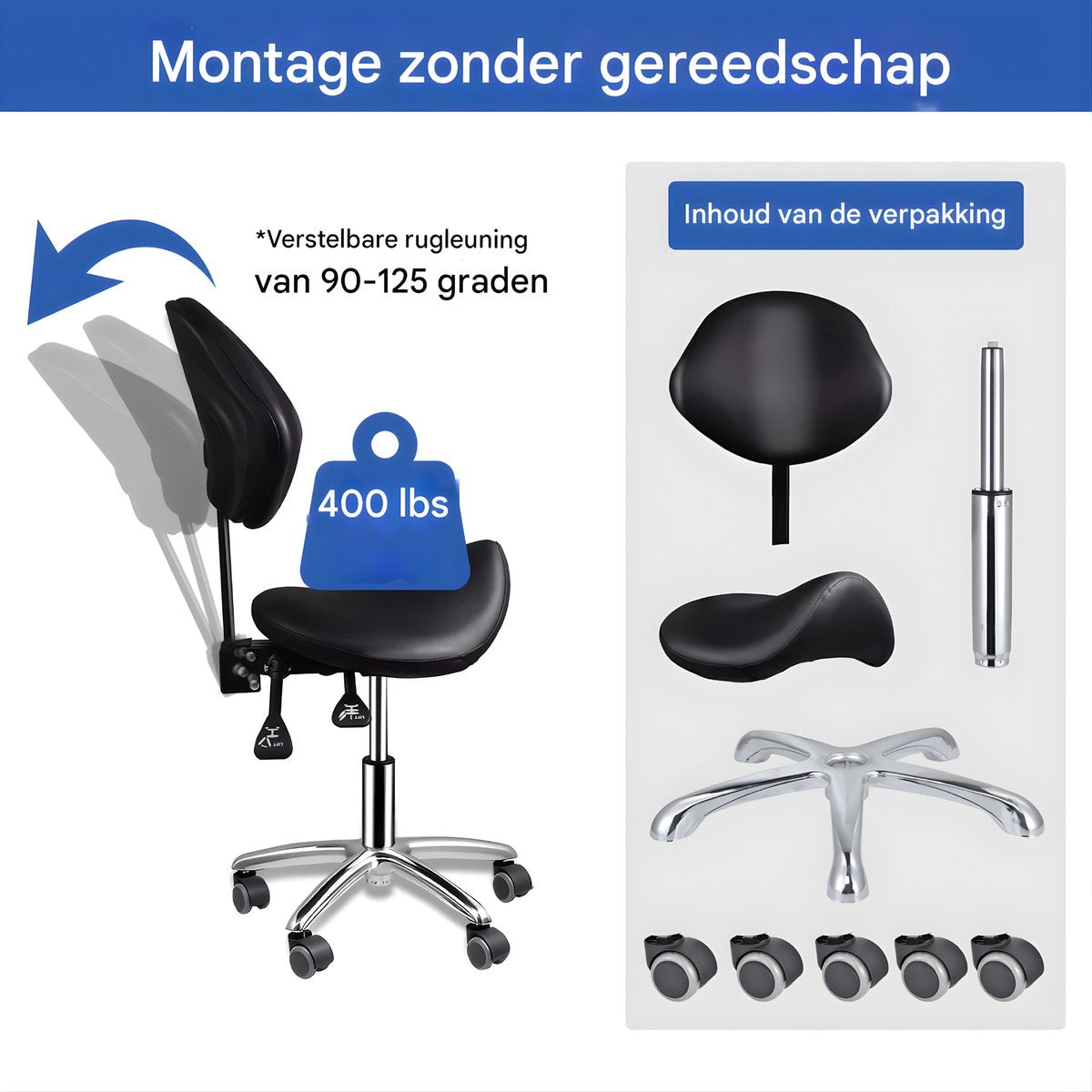 Ergonomische Rollende Zadelstoel - Bureaukruk - Werkkruk - Tabouret - Zadelstoel - met Wielen & Rugleuning - Voor Kapper & Spa - Zwart