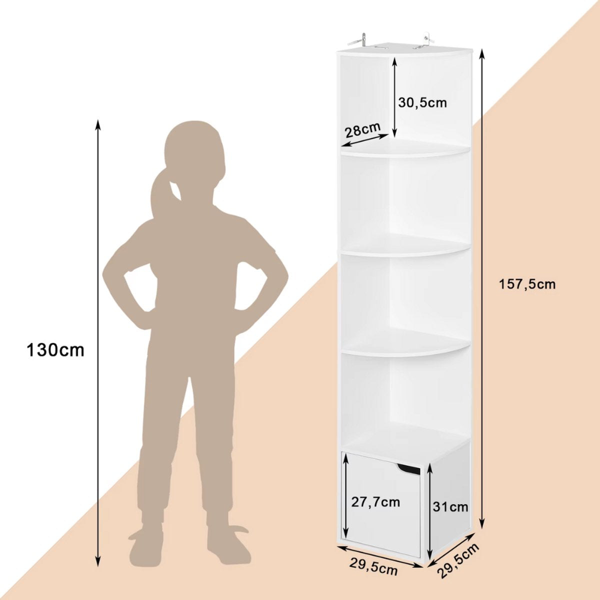 Boekenkast met 5 Lagen - Voor Woonkamer, Kantoor of Studeerkamer - Staande Hoekkast met Opbergruimte en Deurtje - Wit MDF