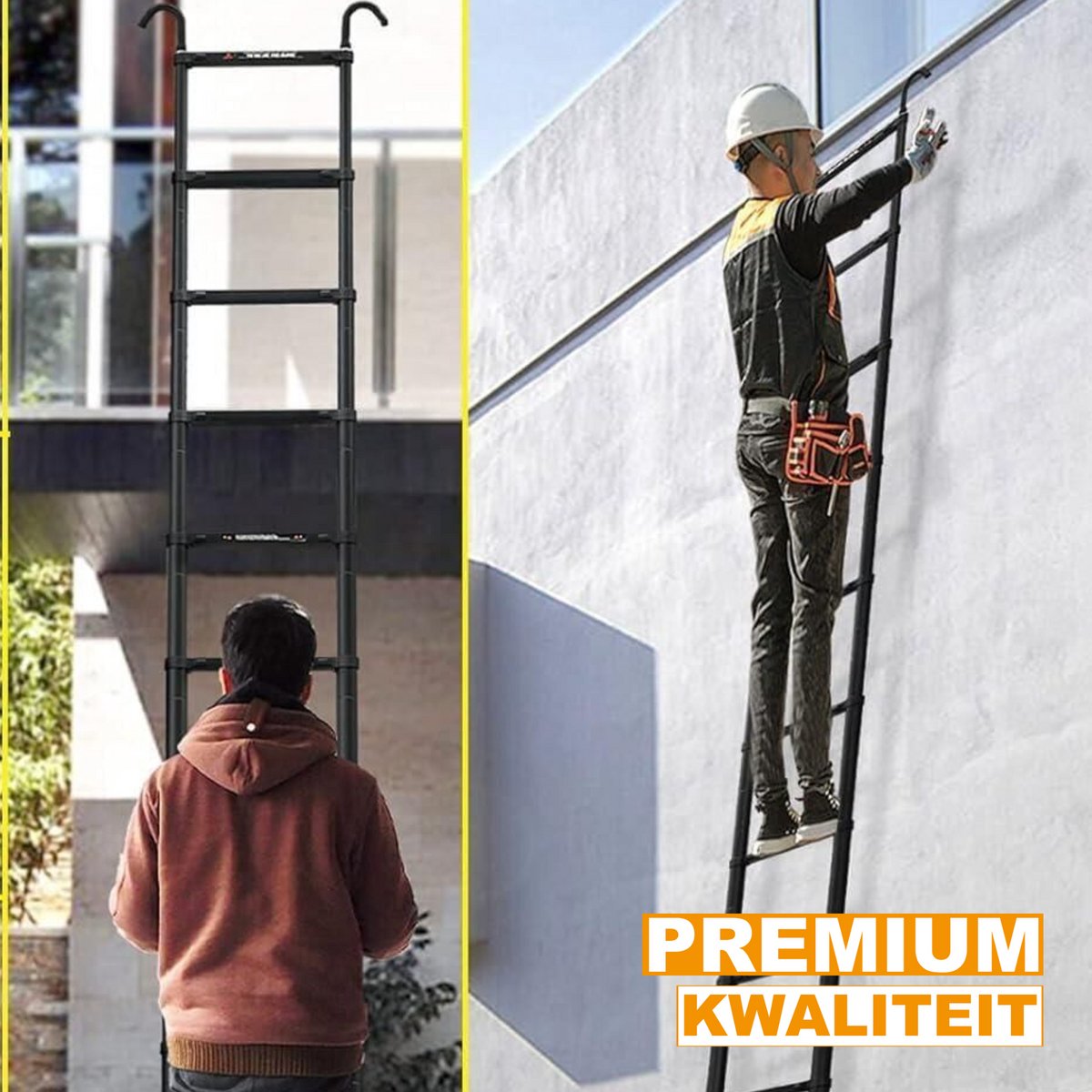 Telescopische Ladder 3,8M - Zwarte Aluminium Verlengladder - Met Haken - Opvouwbaar & Multifunctioneel - Max. 150KG