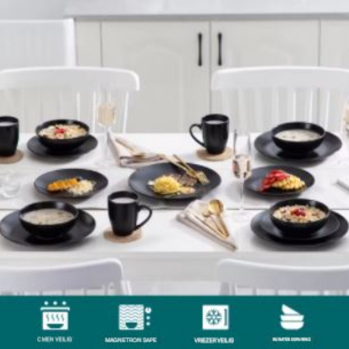 Ornate Serviesset – 12 persoons – 48 delig - Zwart Keramisch – Serviesset – Kleine Borden