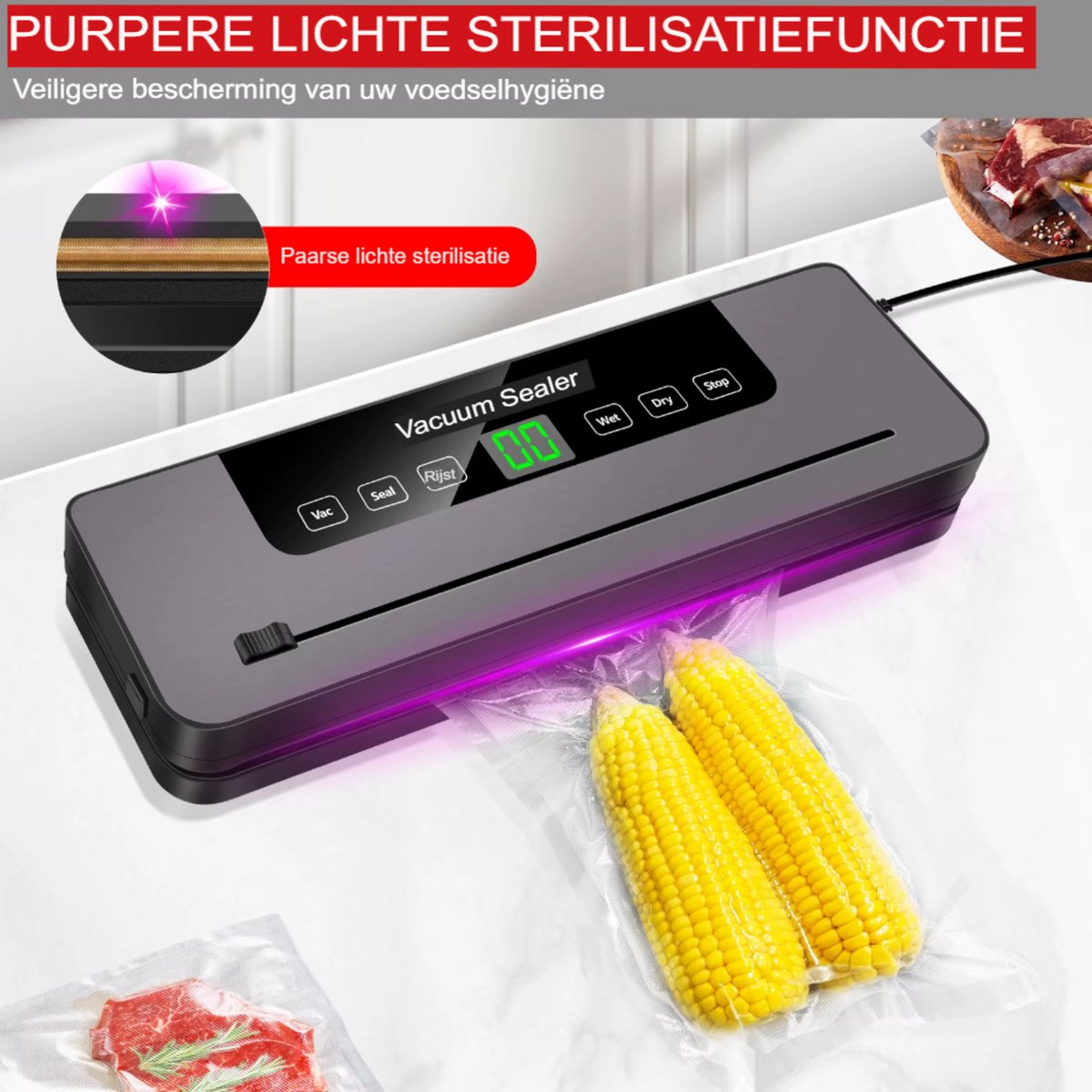 Vacuümverzegelaar & Elektrische Sluitmachine voor Voedsel (Droog & Nat) | 10 Gratis Sluitzakken