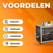 Houten Hondenbenche - Hondenren - Hondenkrat Bijzettafel met Afneembare Kommen en Dienblad - Dubbele Deuren Hondenkennel voor Middelgrote Honden Binnen - 112 x 73 x 78 cm - Grijs